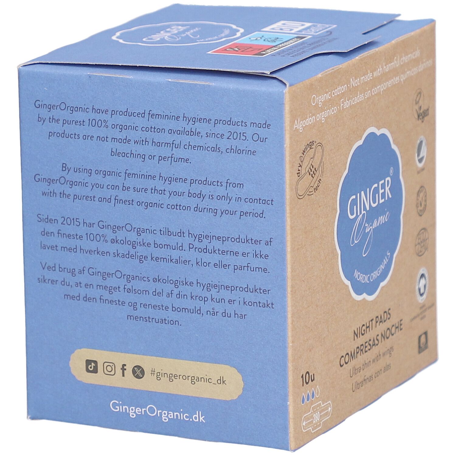 Achterkant van de verpakking met tekst. Merk: Ginger Organic. Tekst over biologisch katoen. Social media iconen. 10 stuks.