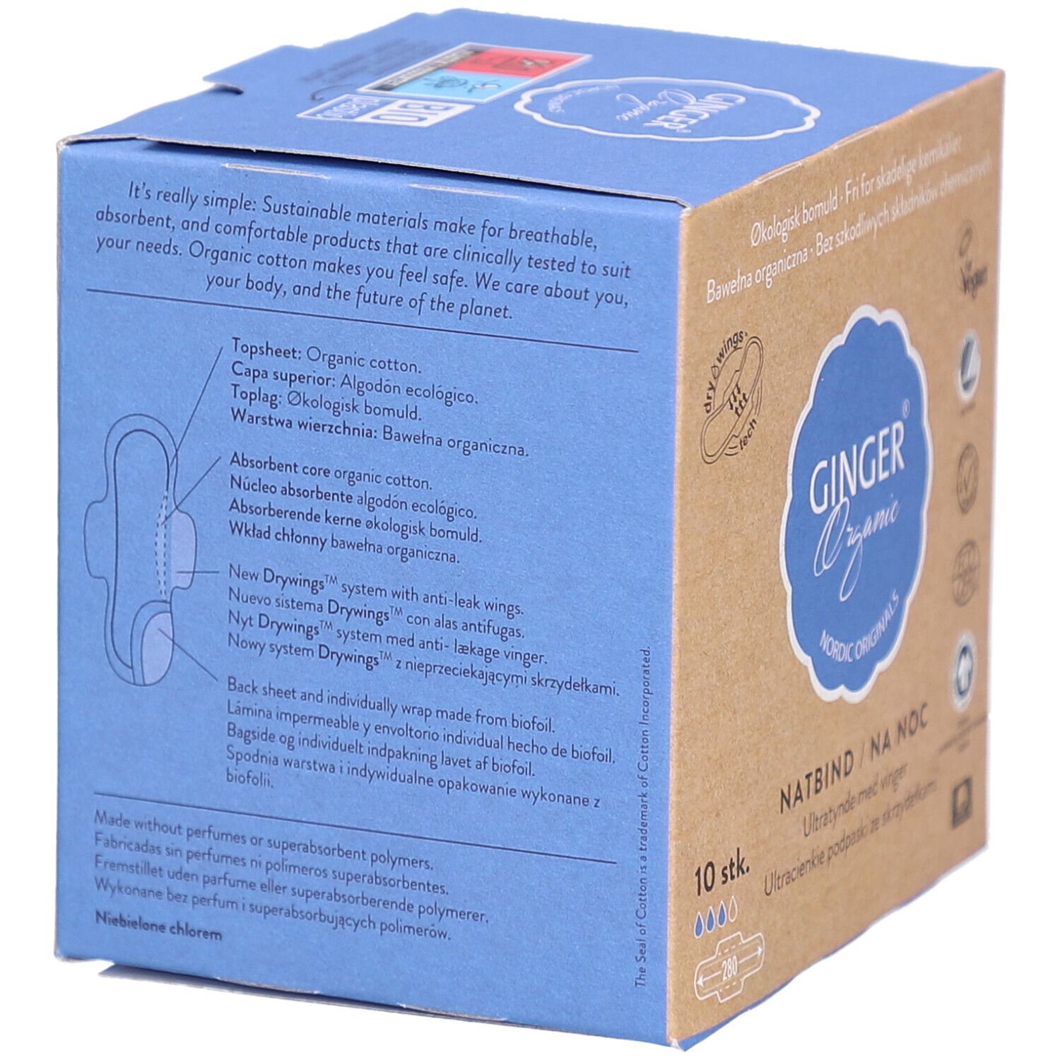 Achterkant van de verpakking met tekst. Merk: Ginger Organic. Tekst over materialen. 10 stuks. Illustratie van een assorbente.