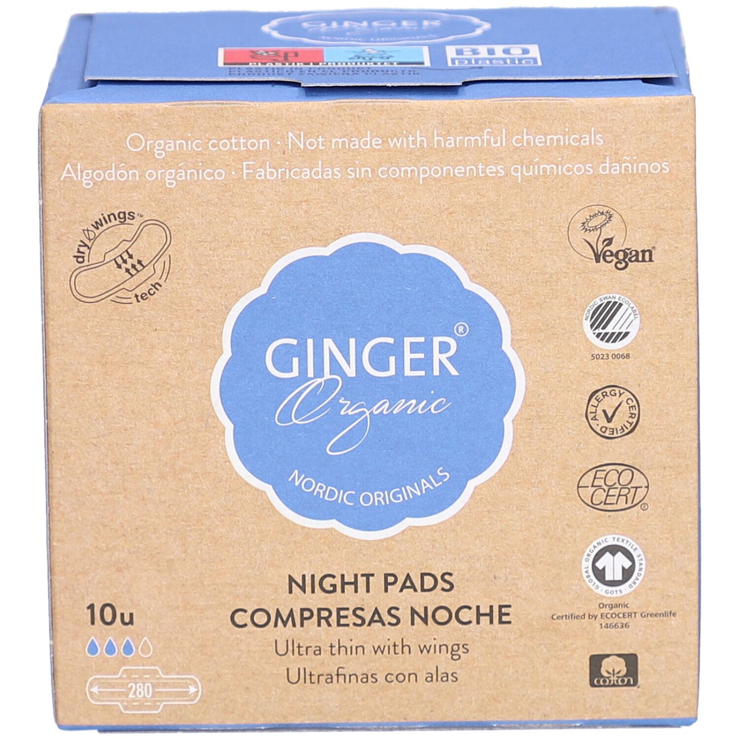 Doos nachtverband. Merk: Ginger Organic. Opschriften: biologisch katoen, Vegan, EcoCert. 10 stuks, met vleugels.