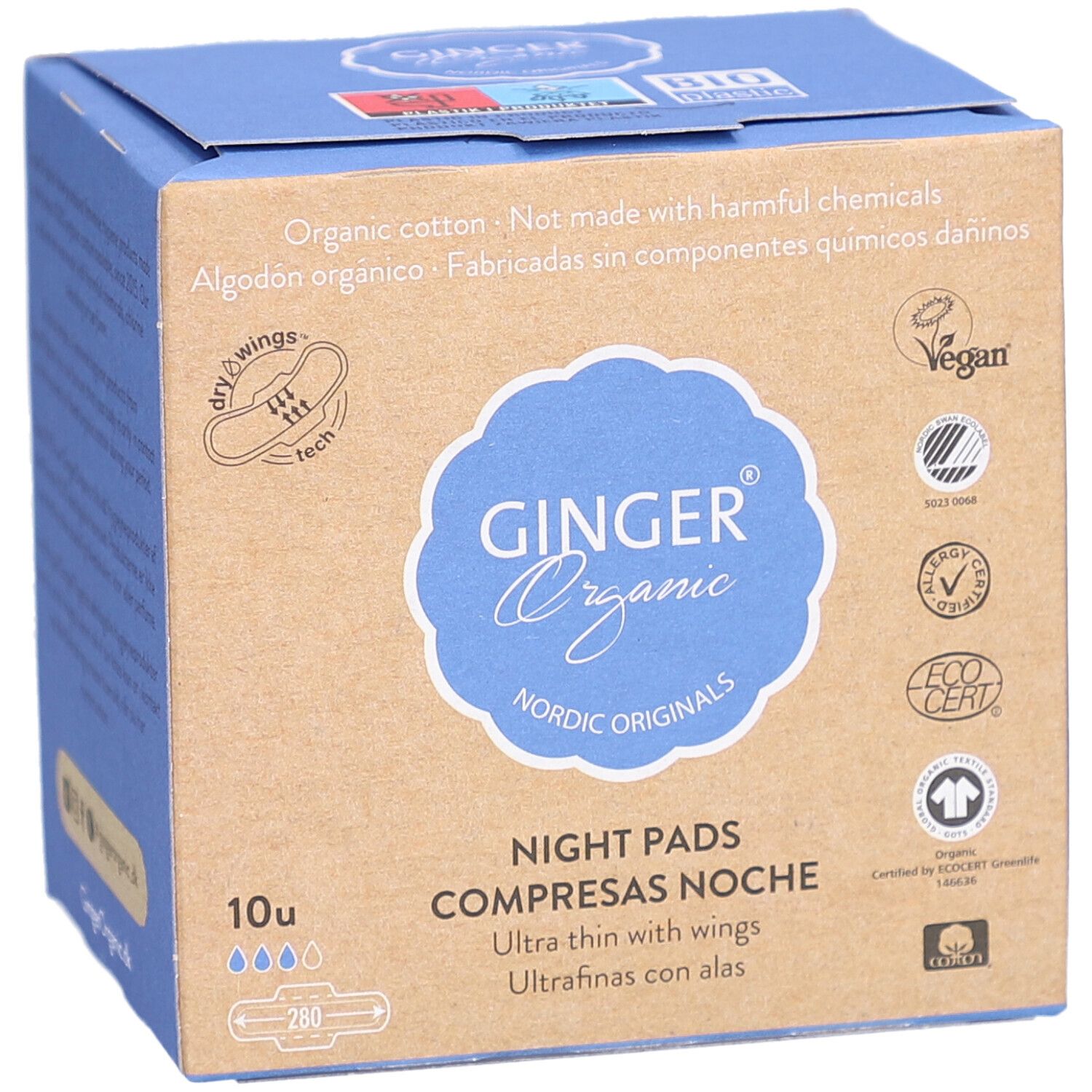 Doos nachtverband. Merk: Ginger Organic. Opschriften: biologisch katoen, Vegan, EcoCert. 10 stuks, met vleugels.