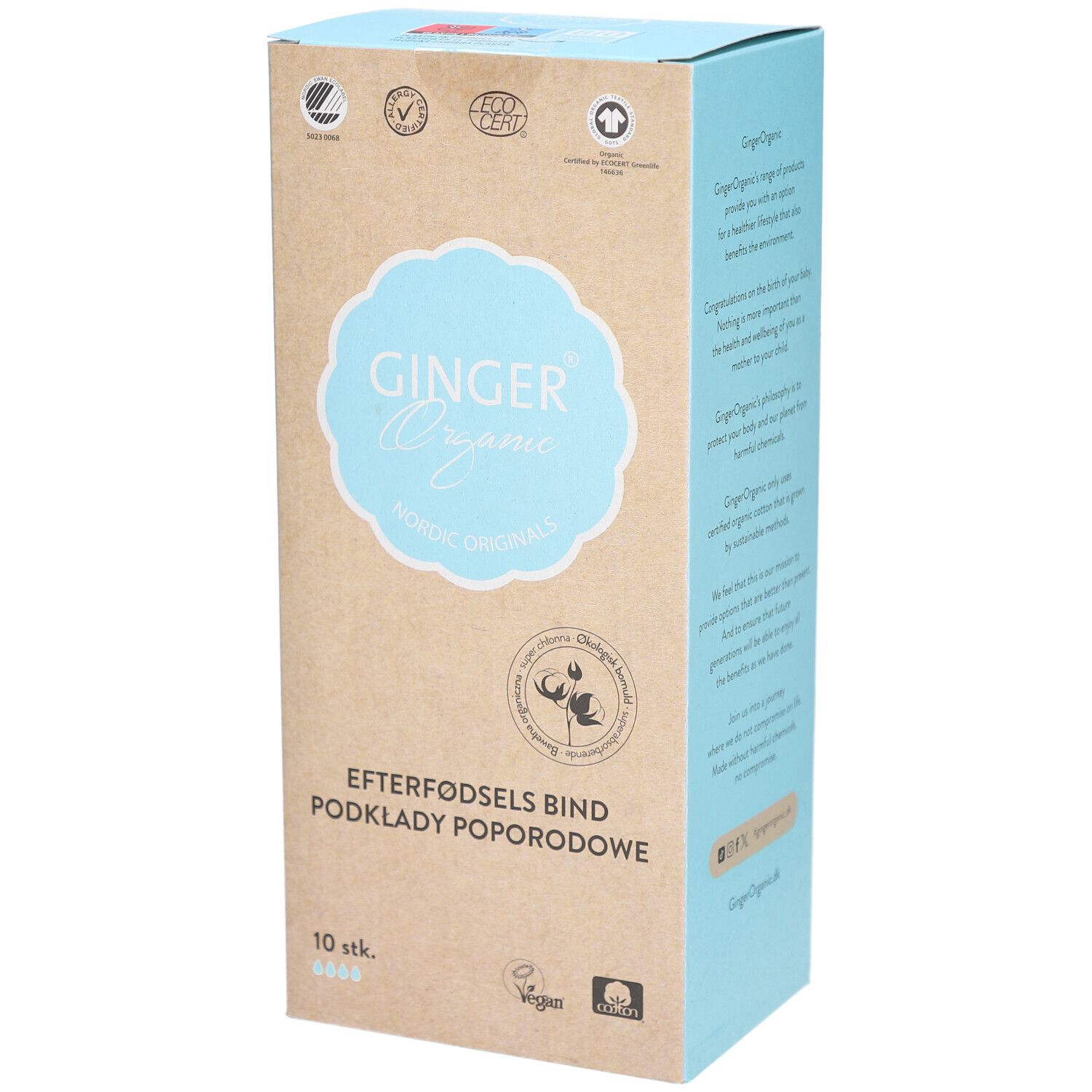 Doos Ginger Organic kraamverband. Opschrift: Efterfødsels bind, Podklady poporodowe. 10 stuks. Met certificeringen.