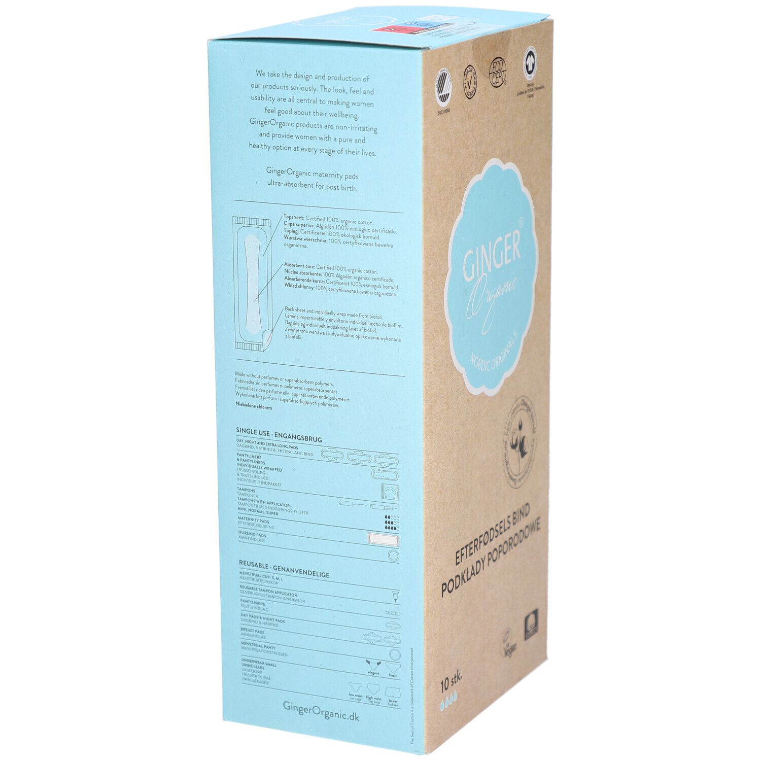 Doos Ginger Organic kraamverband. Tekst op de zijkant. Certificeringen. Opschrift: Ginger Organic. 10 stuks. Individuele verpakking.