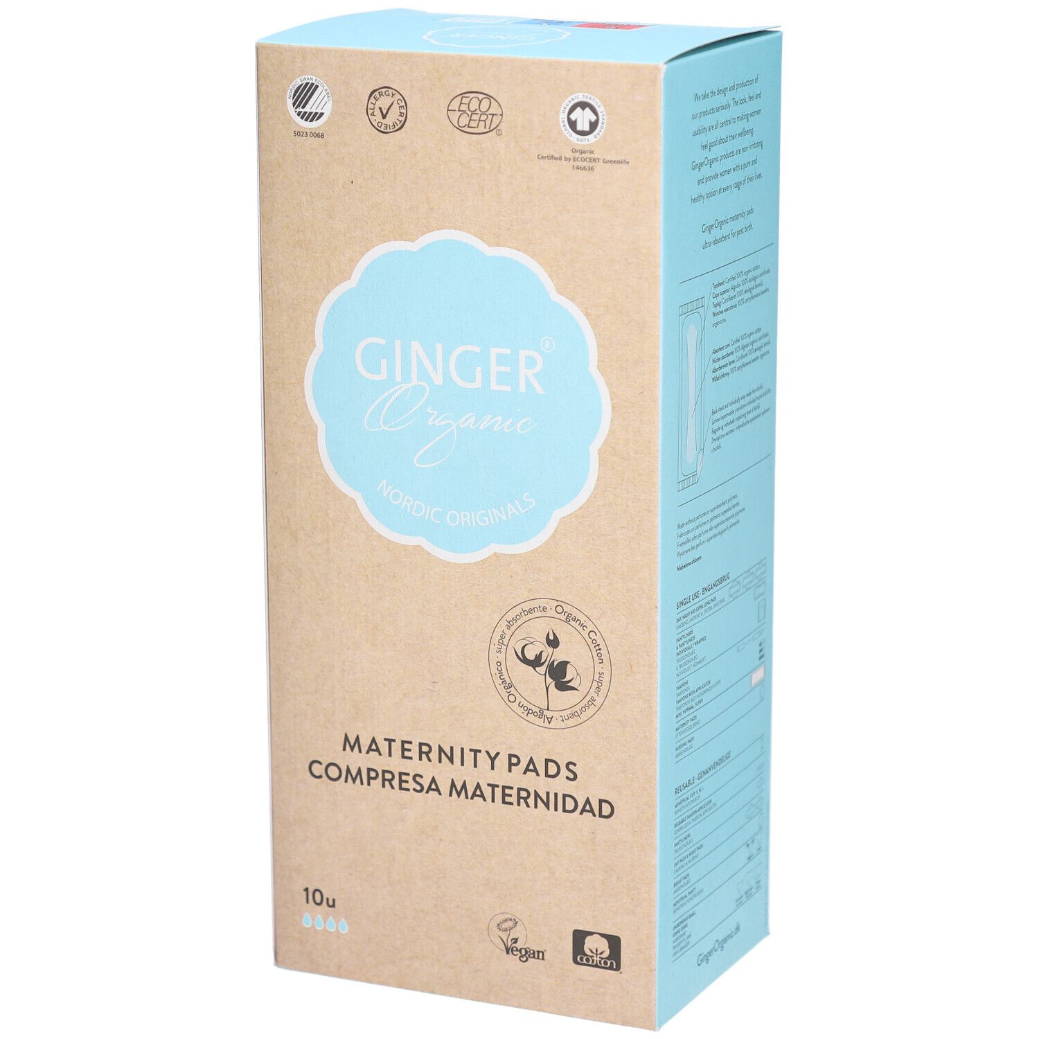 Doos Ginger Organic kraamverband. Opschrift: Maternité pads, Compressa maternidad. 10 stuks. Met certificeringen.