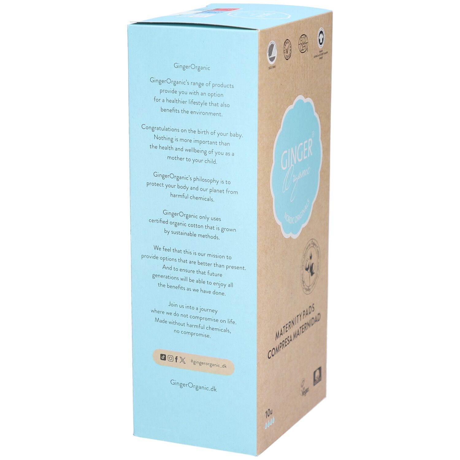 Doos Ginger Organic kraamverband. Tekst op de zijkant. Certificeringen. Opschrift: Maternité pads, Compressa maternidad. 10 stuks.