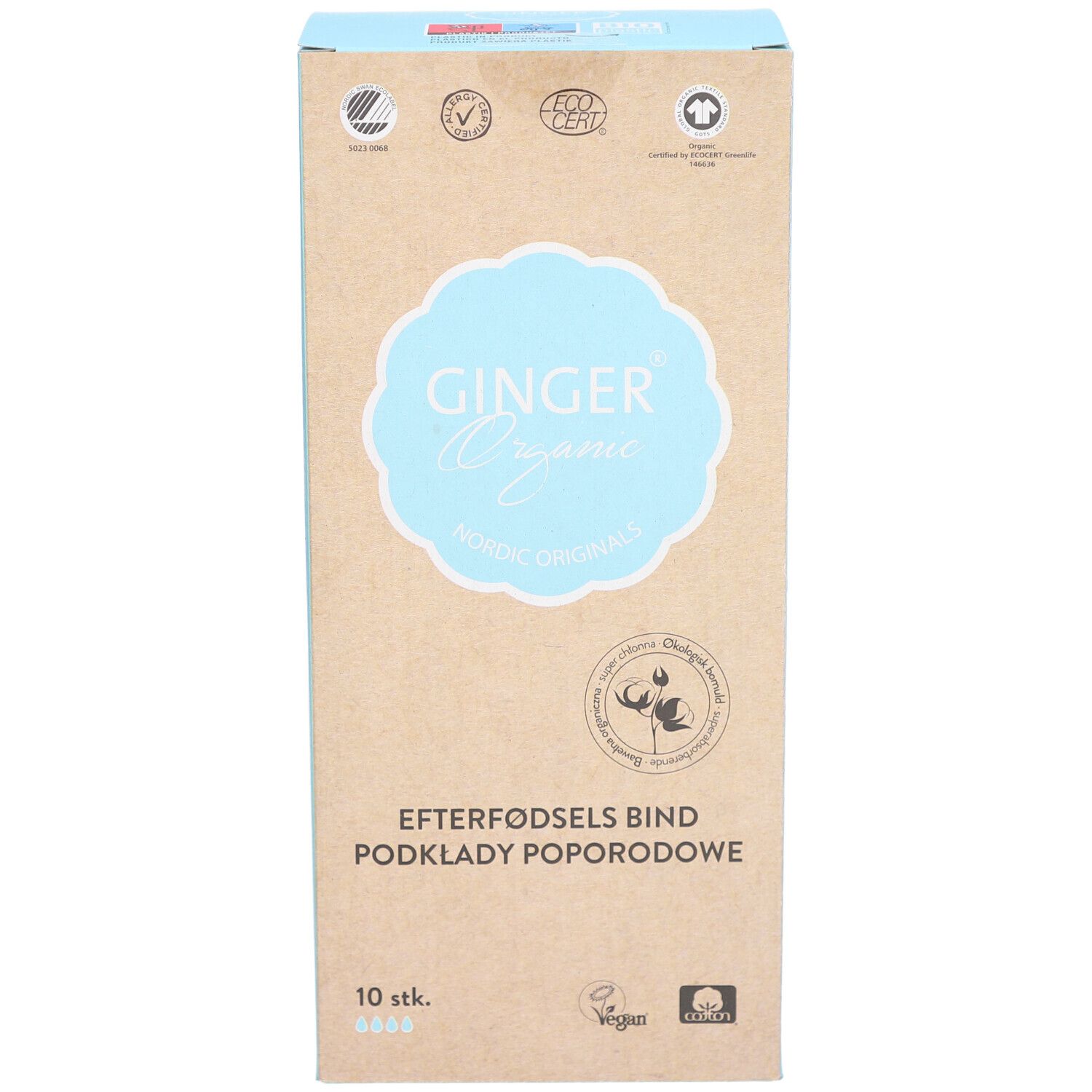 Doos Ginger Organic kraamverband. Opschrift: Efterfødsels bind, Podklady poporodowe. 10 stuks. Met certificeringen.