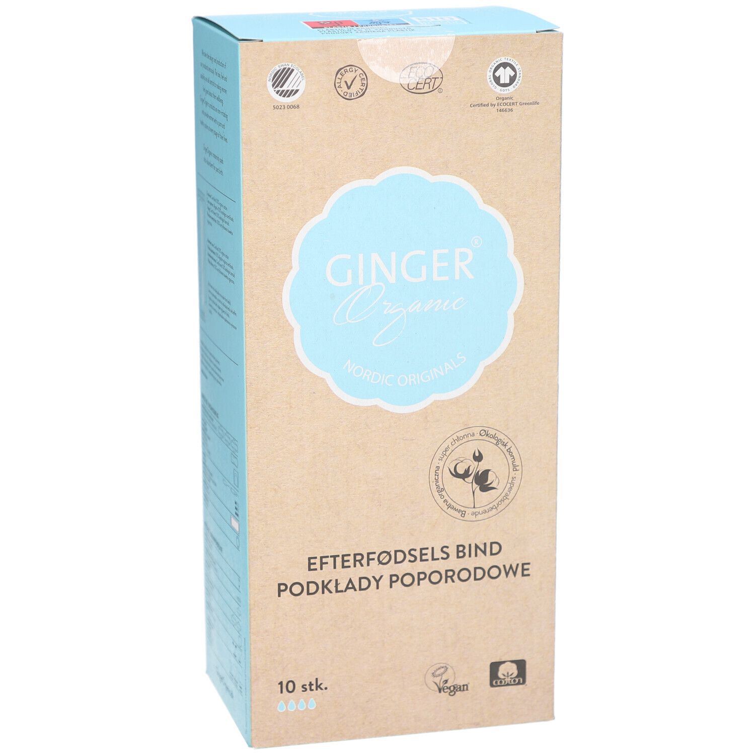 Doos Ginger Organic kraamverband. Opschrift: Efterfødsels bind, Podklady poporodowe. 10 stuks. Met certificeringen.