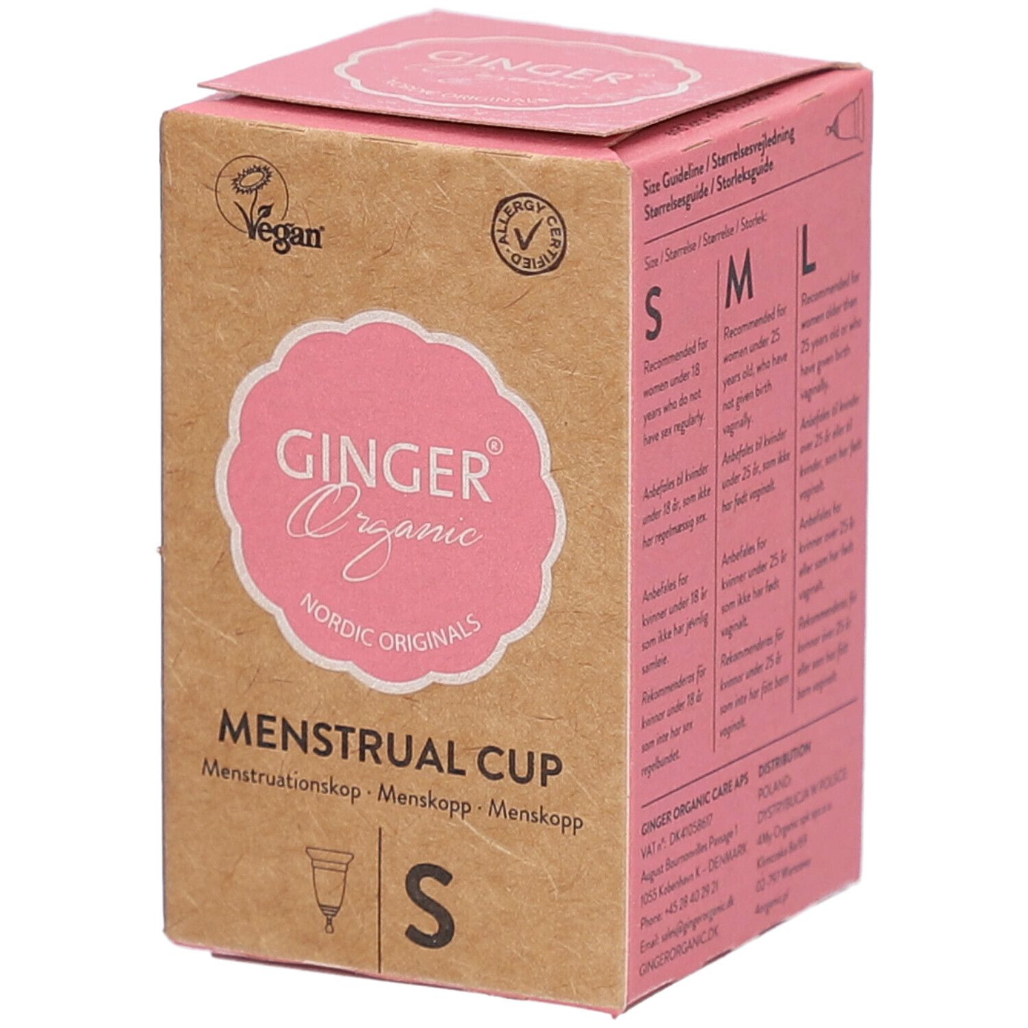 Verpakking van de menstruatiecup Ginger Organic. Roze logo op bruin karton. Maat S. Vegan en allergie certificering.