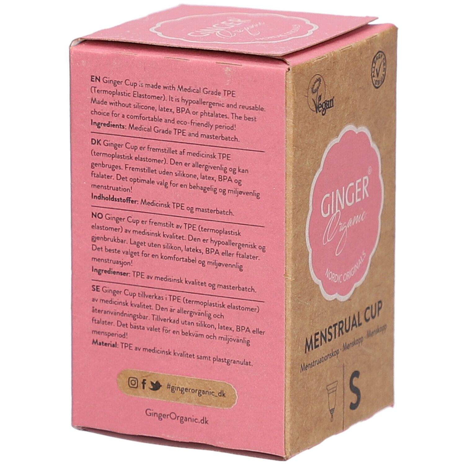 Achterkant van de verpakking van de menstruatiecup Ginger Organic. Meertalige tekst. Vegan certificering. Maat S.