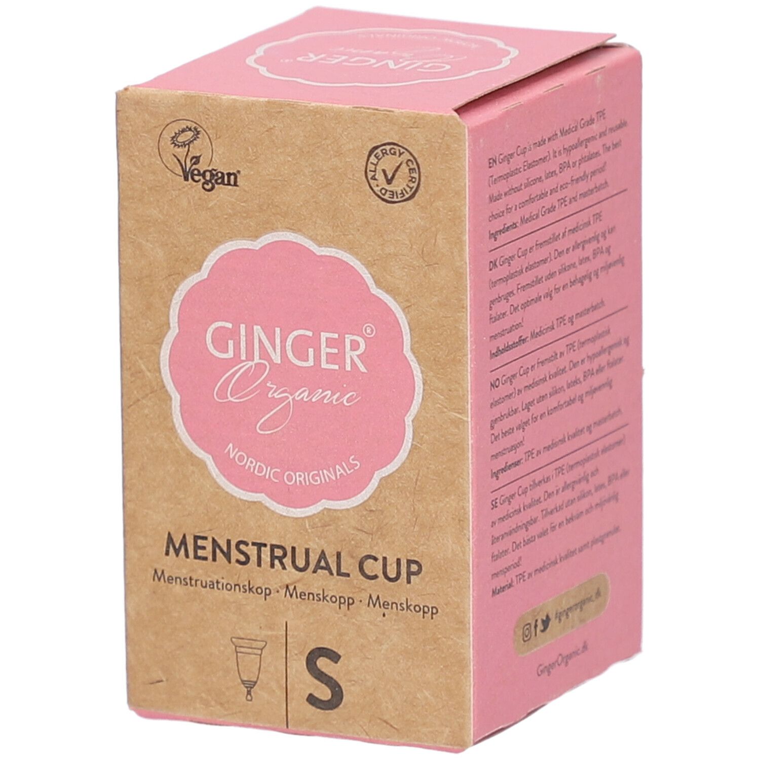 Verpakking van de menstruatiecup Ginger Organic. Roze logo op bruin karton. Maat S. Vegan en allergie certificering.
