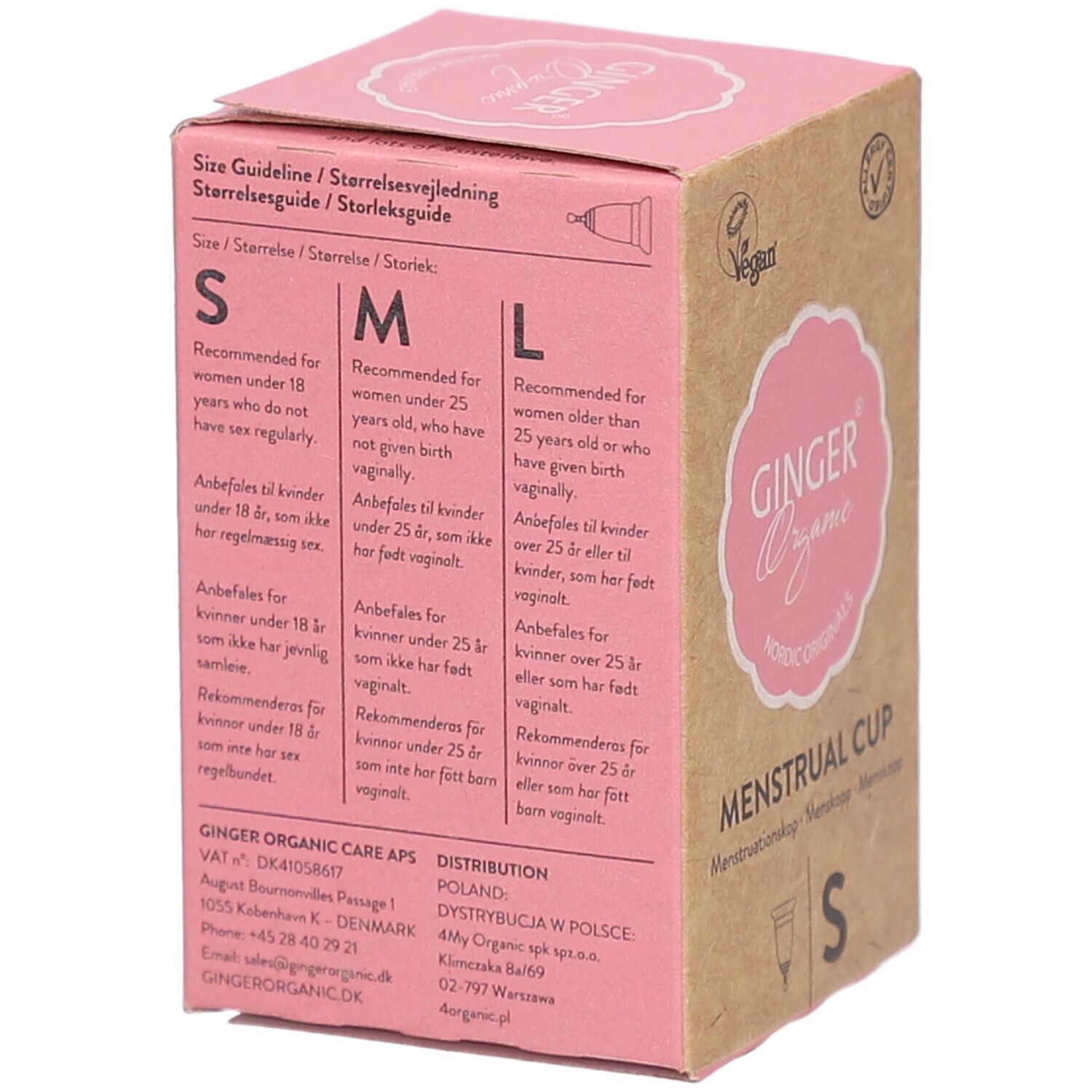 Zijkant van de verpakking van de menstruatiecup Ginger Organic. Maatindicaties S, M, L. Roze logo op bruin karton. Maat S.