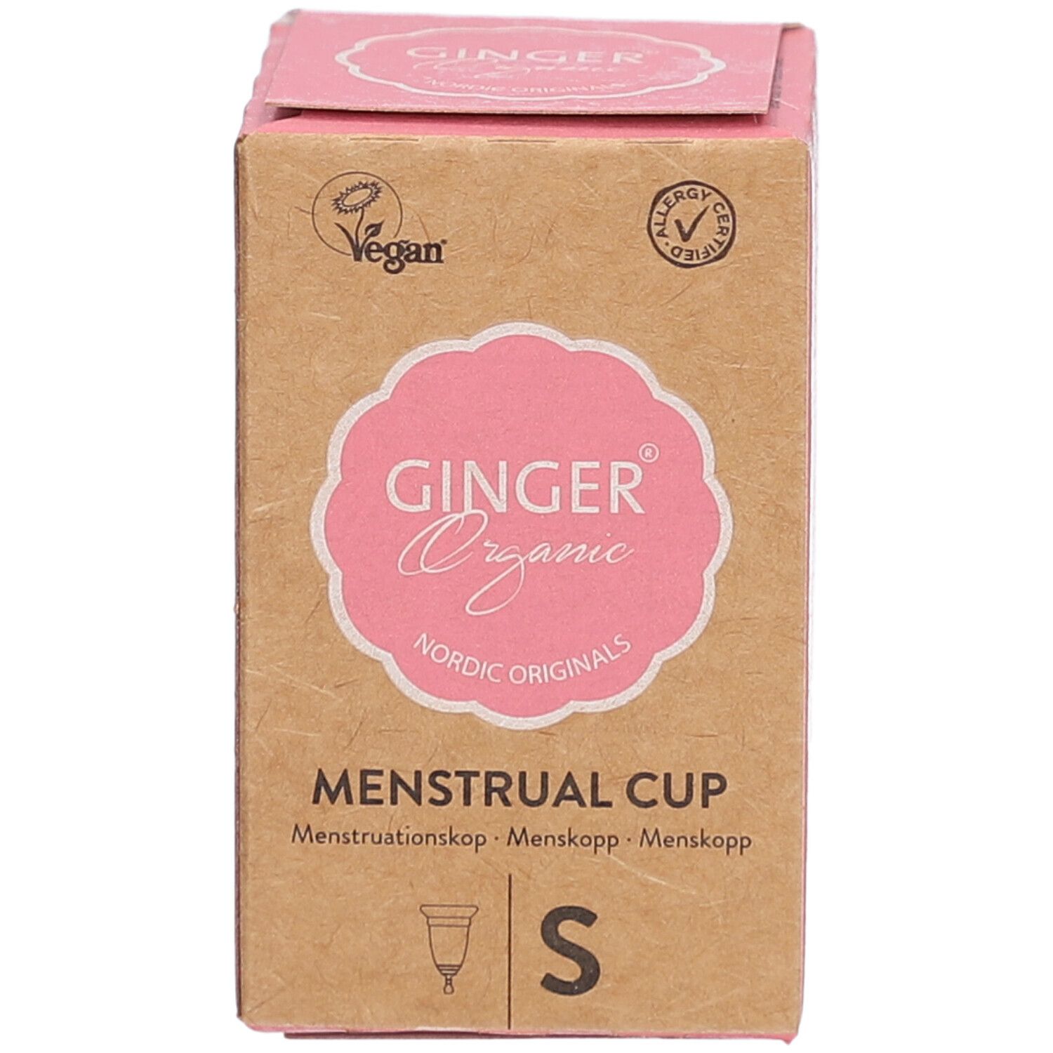 Verpakking van de menstruatiecup Ginger Organic. Roze logo op bruin karton. Maat S. Vegan en allergie certificering.