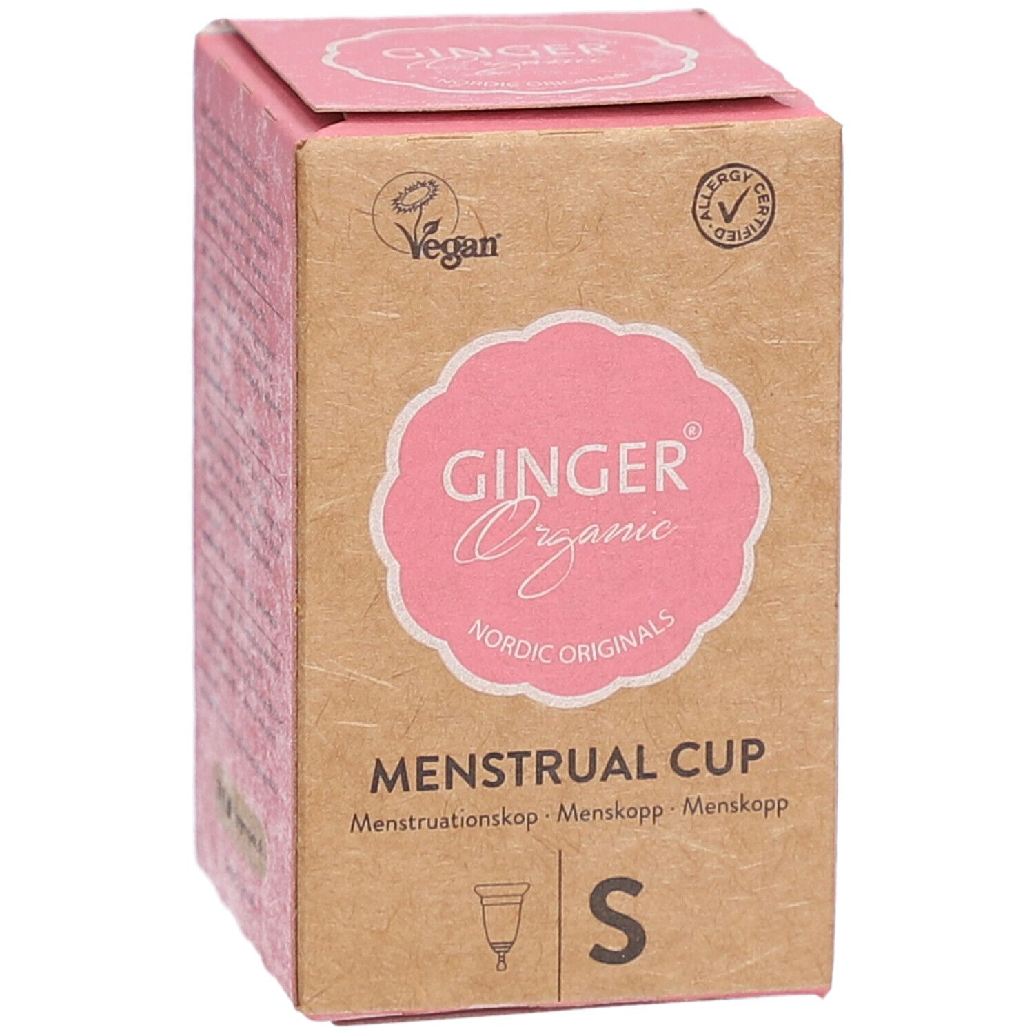 Verpakking van de menstruatiecup Ginger Organic. Roze logo op bruin karton. Maat S. Vegan en allergie certificering.