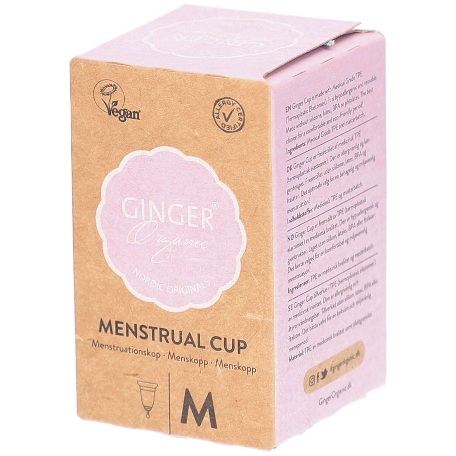 Verpakking van de menstruatiecup Ginger Organic M. Roze logo en tekst op bruin karton. Vegan en allergie certificering.