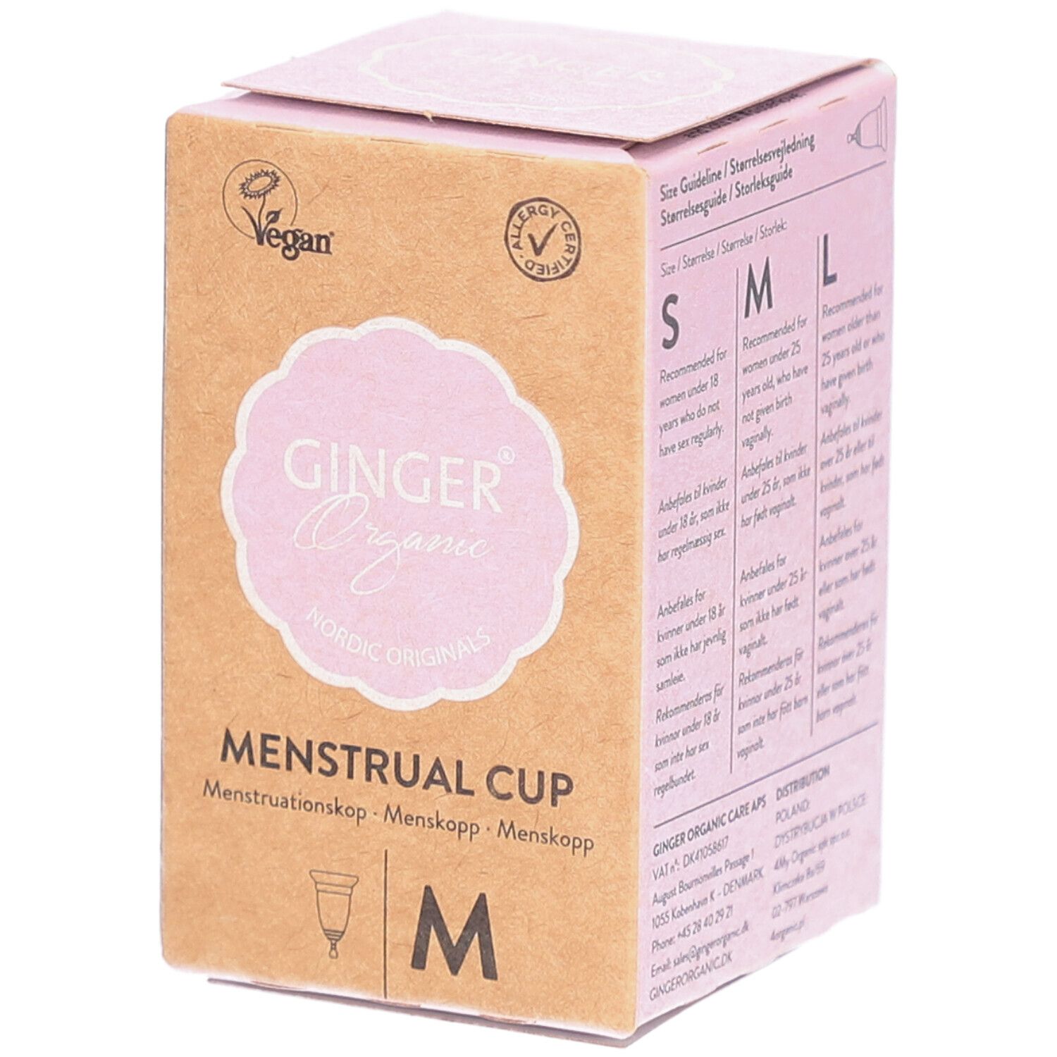 Verpakking van de menstruatiecup Ginger Organic M. Roze logo en tekst op bruin karton. Maatindicaties S, M, L.
