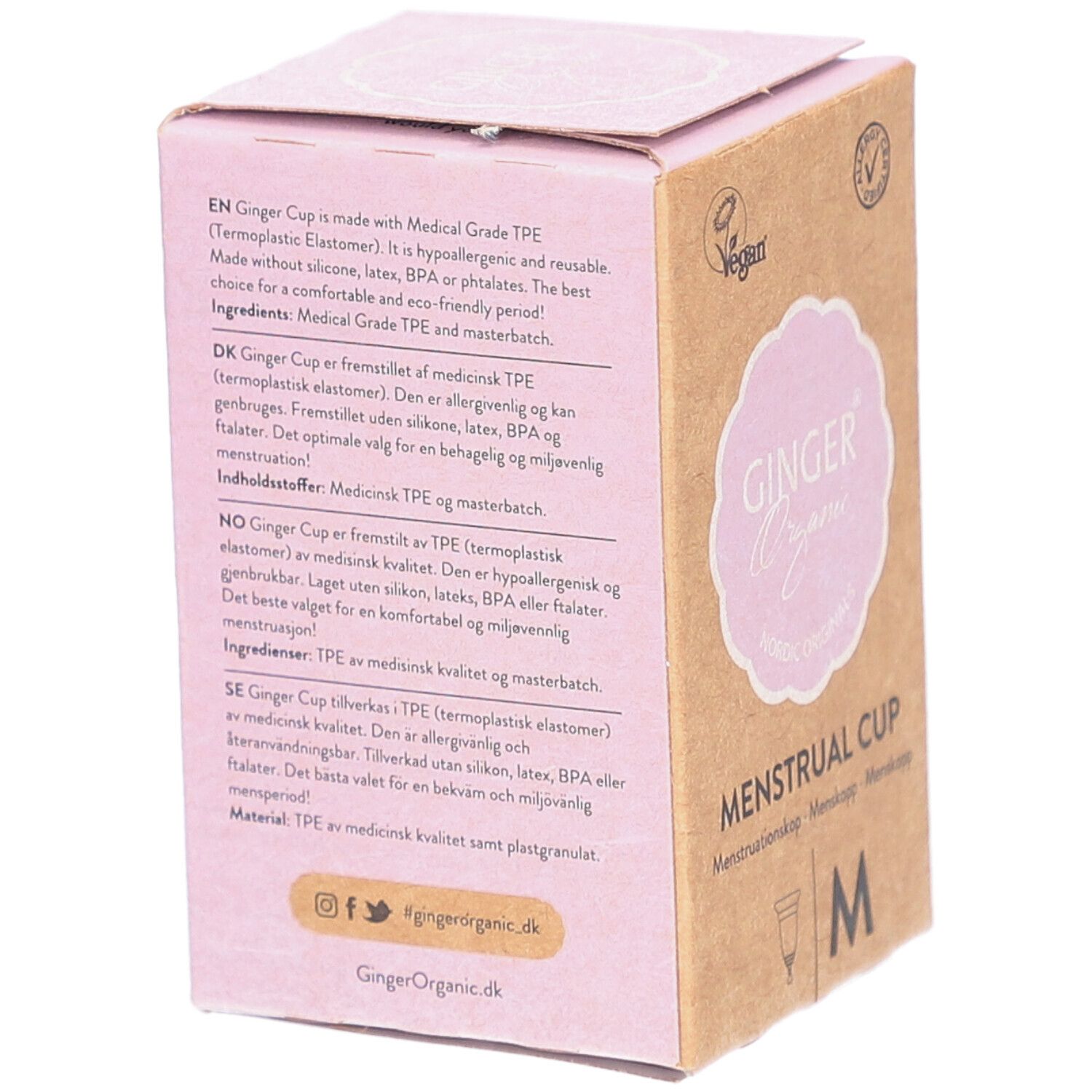 Achterkant van de verpakking van de menstruatiecup Ginger Organic M. Meertalige tekst. Vegan en allergie certificering.