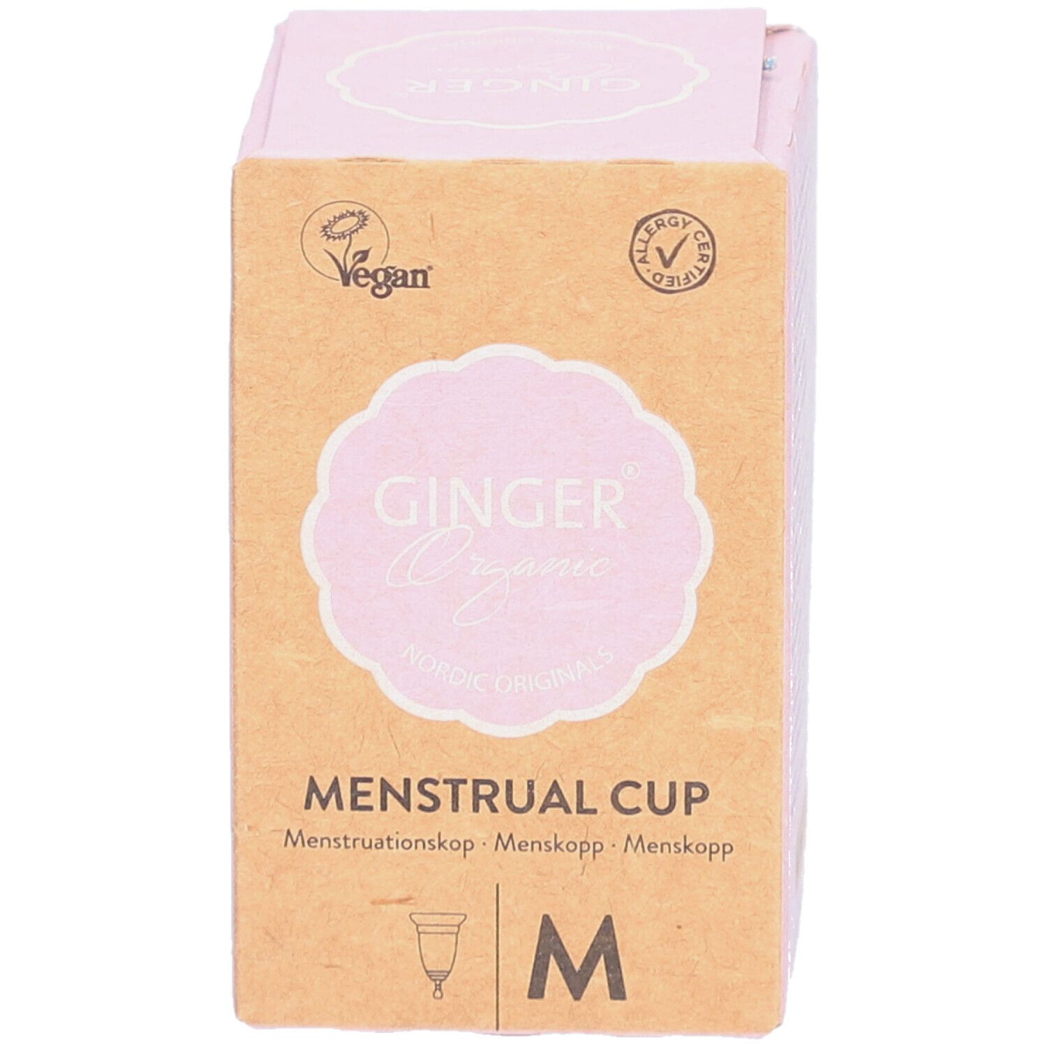 Verpakking van de menstruatiecup Ginger Organic M. Roze logo en tekst op bruin karton. Vegan en allergie certificering.