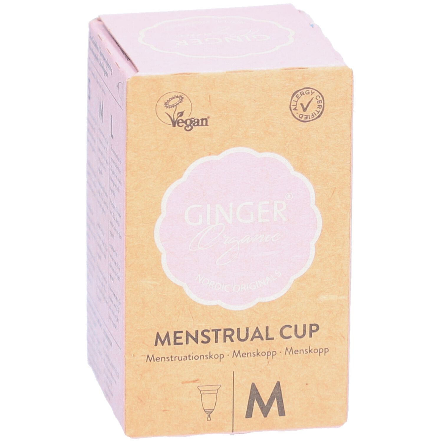 Verpakking van de menstruatiecup Ginger Organic M. Roze logo en tekst op bruin karton. Vegan en allergie certificering.