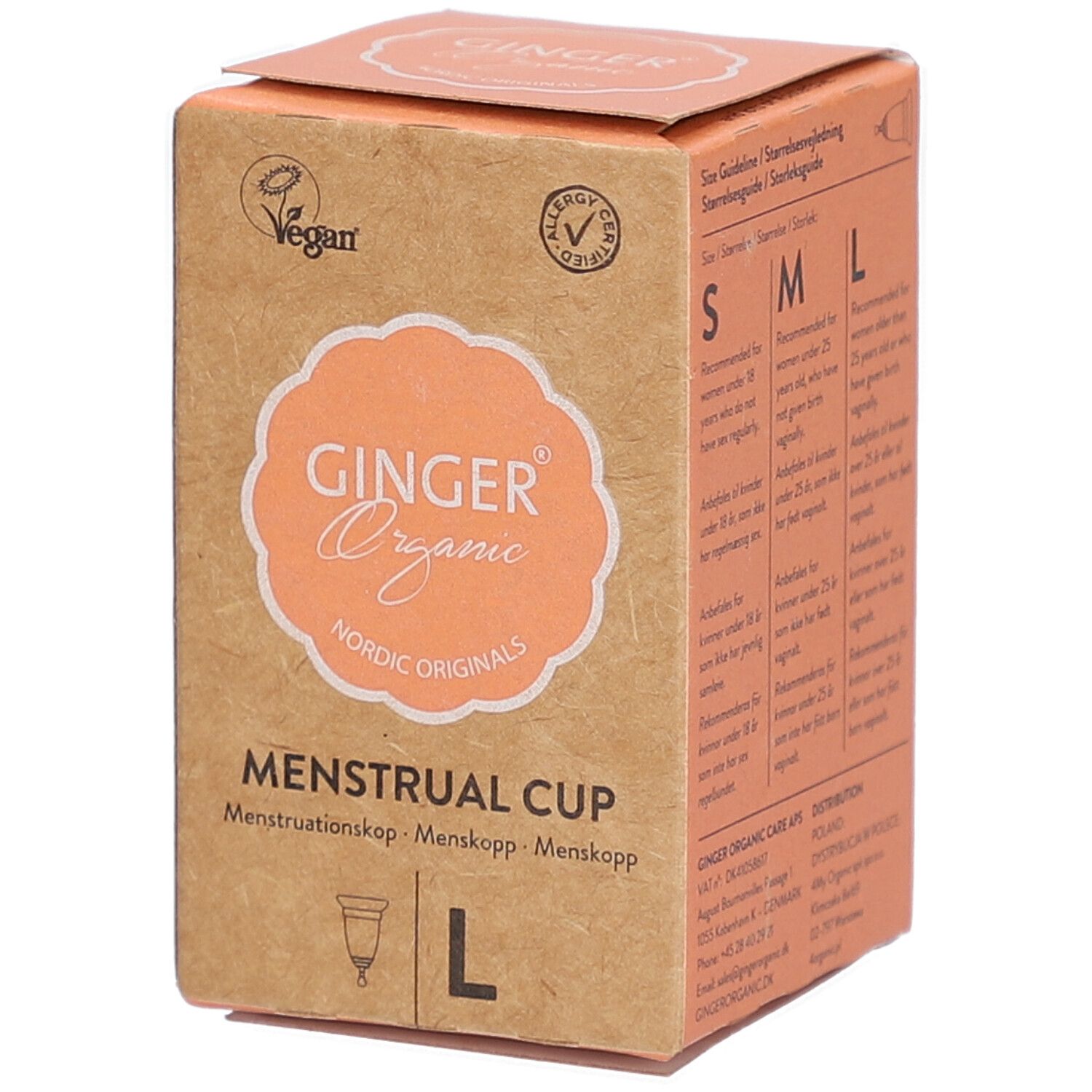 Kartonnen verpakking voor menstruatiecup. Opschrift: GINGER Organic, menstruatiecup, maat L. Vegan-zegel.