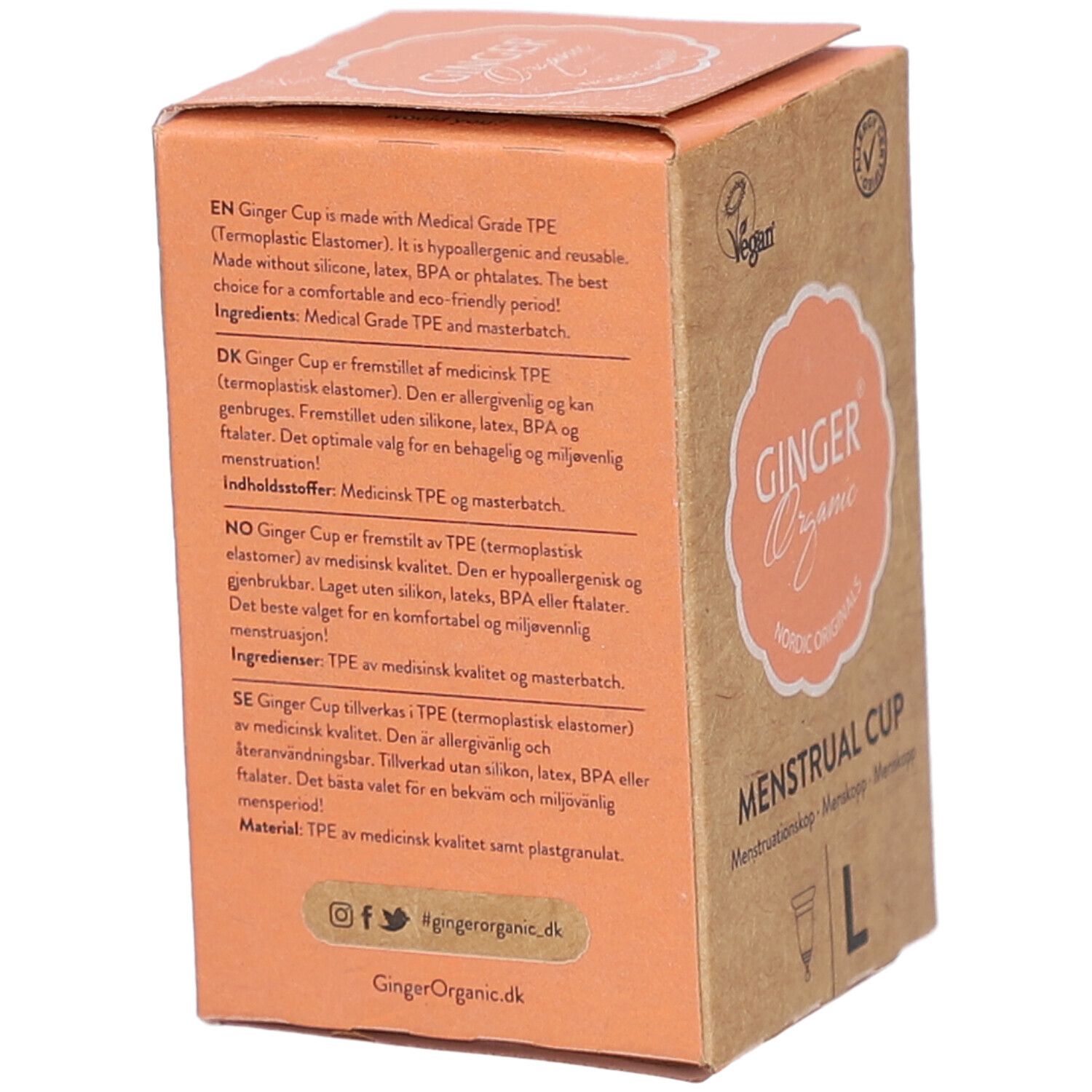 Achterkant van de verpakking. Meertalige tekst. Bevat informatie over materiaal en ingrediënten.