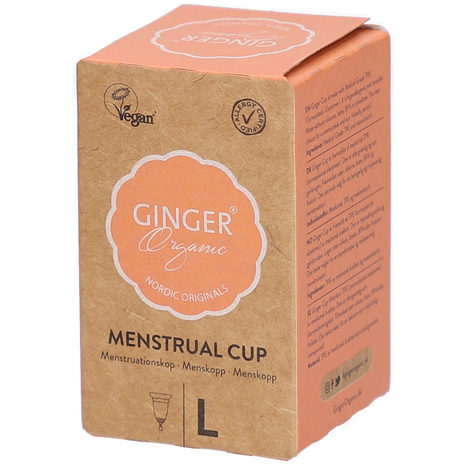 Kartonnen verpakking voor menstruatiecup. Opschrift: GINGER Organic, menstruatiecup, maat L. Vegan-zegel.