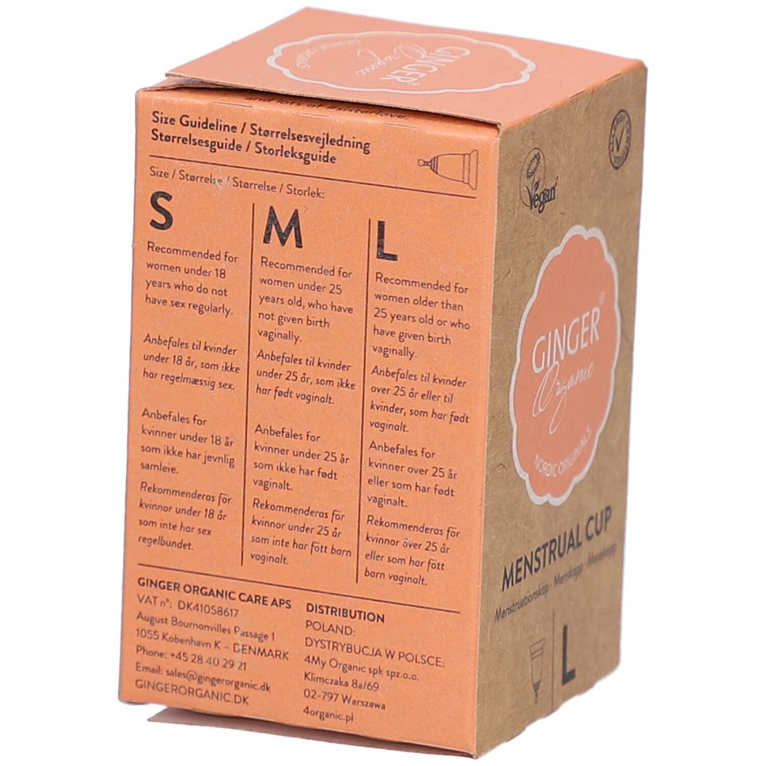 Zijkant van de verpakking met maten S, M, L. Gebruiksaanbevelingen. Bedrijfsadres.