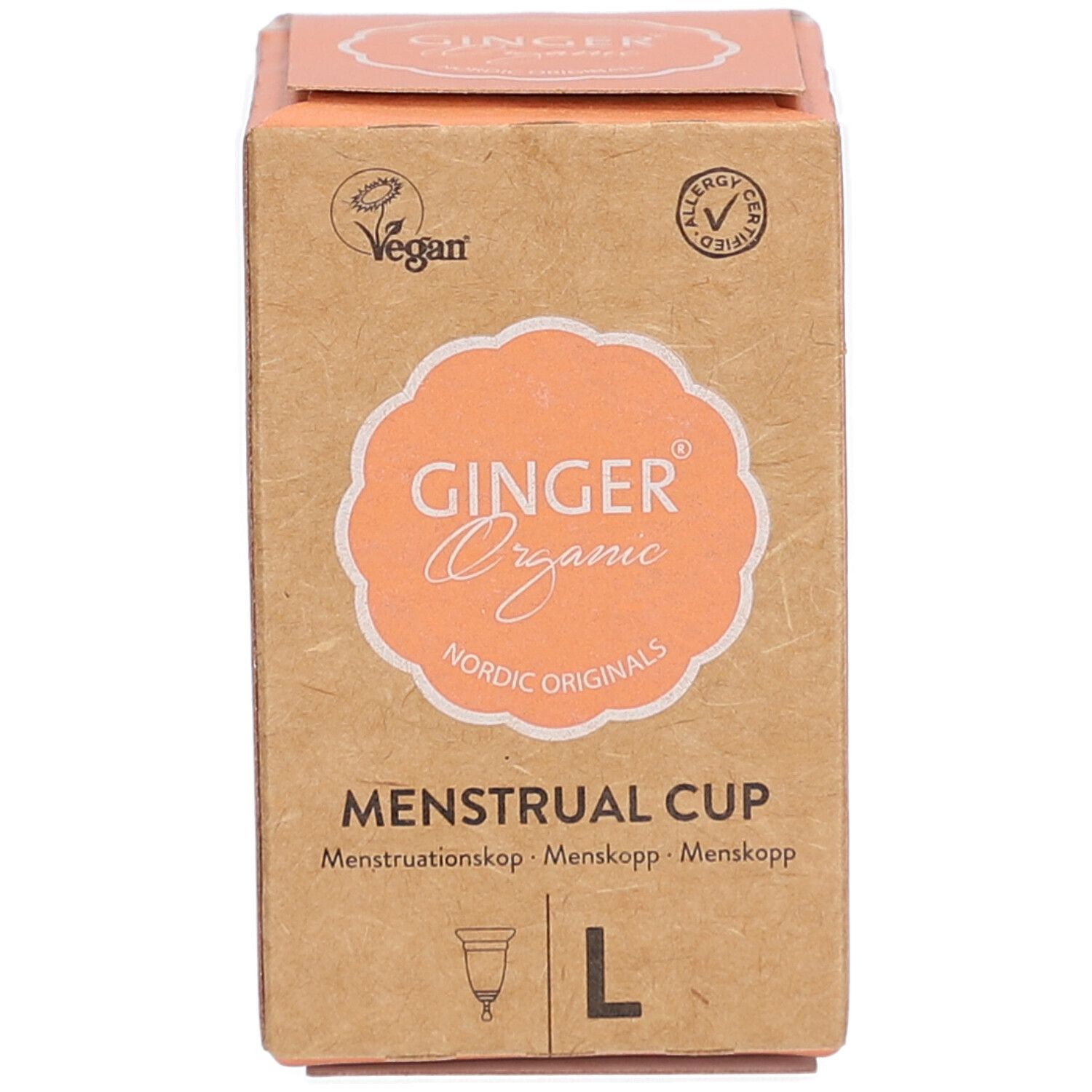 Kartonnen verpakking voor menstruatiecup. Opschrift: GINGER Organic, menstruatiecup, maat L. Vegan-zegel.