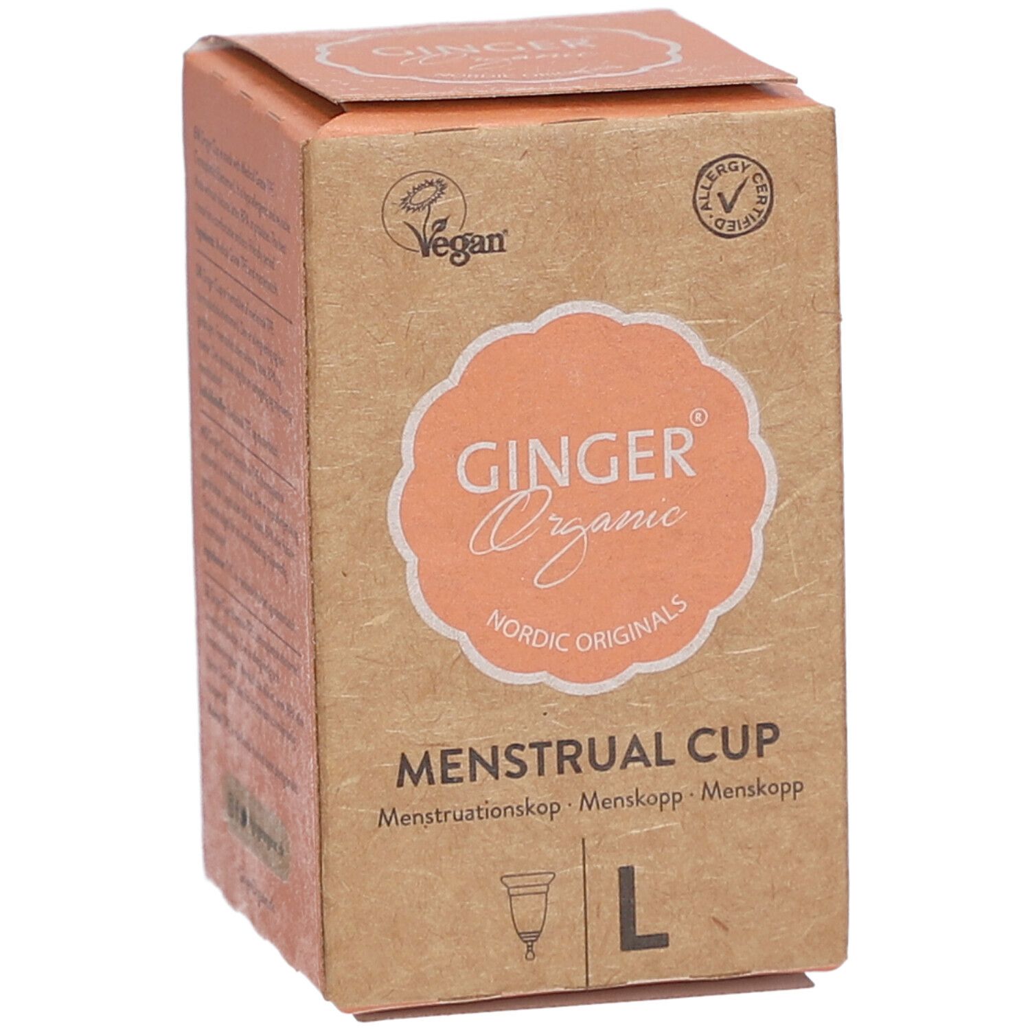 Kartonnen verpakking voor menstruatiecup. Opschrift: GINGER Organic, menstruatiecup, maat L. Vegan-zegel.