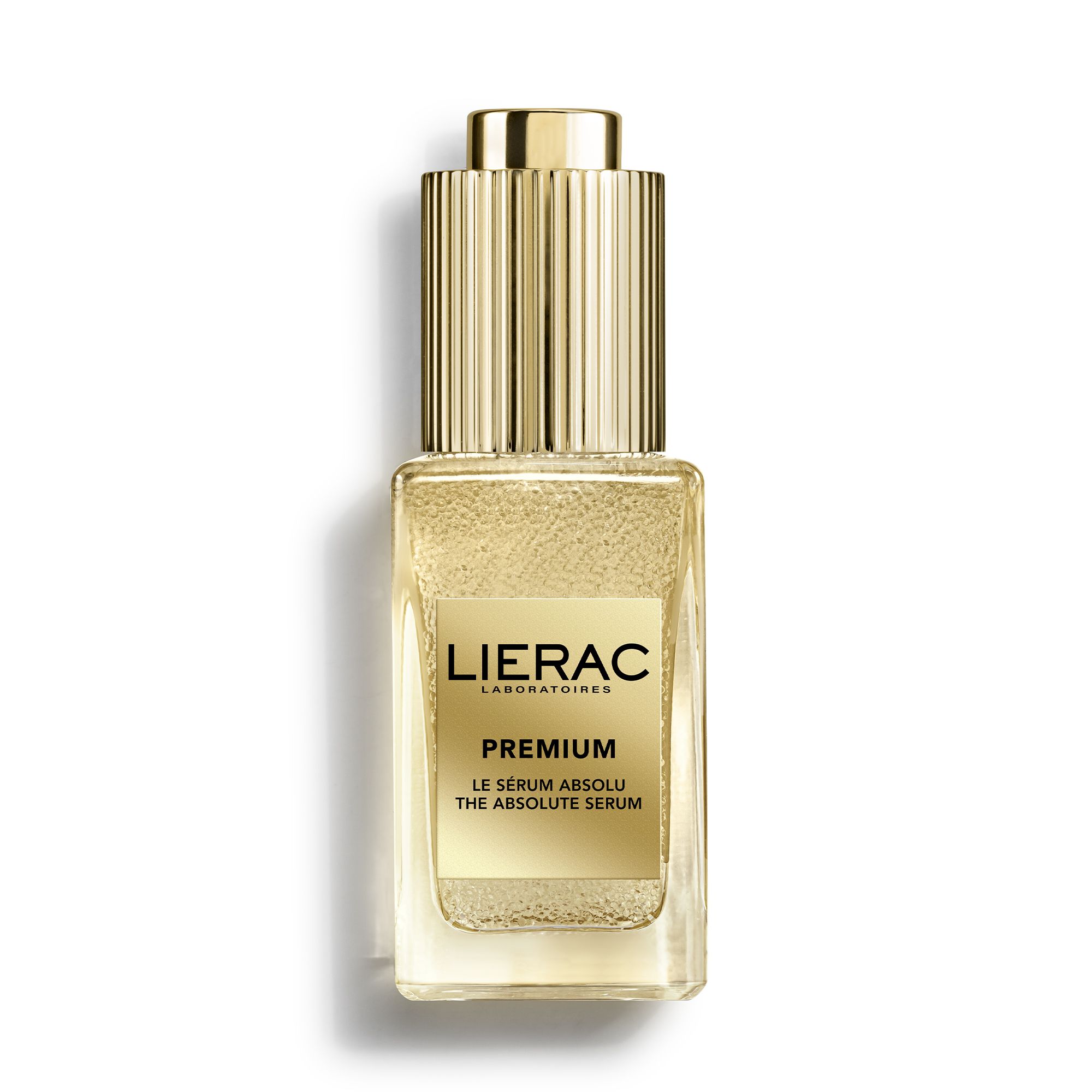 Gouden serumfles met gouden dop. Opschrift: LIERAC, PREMIUM, THE ABSOLUTE SERUM.