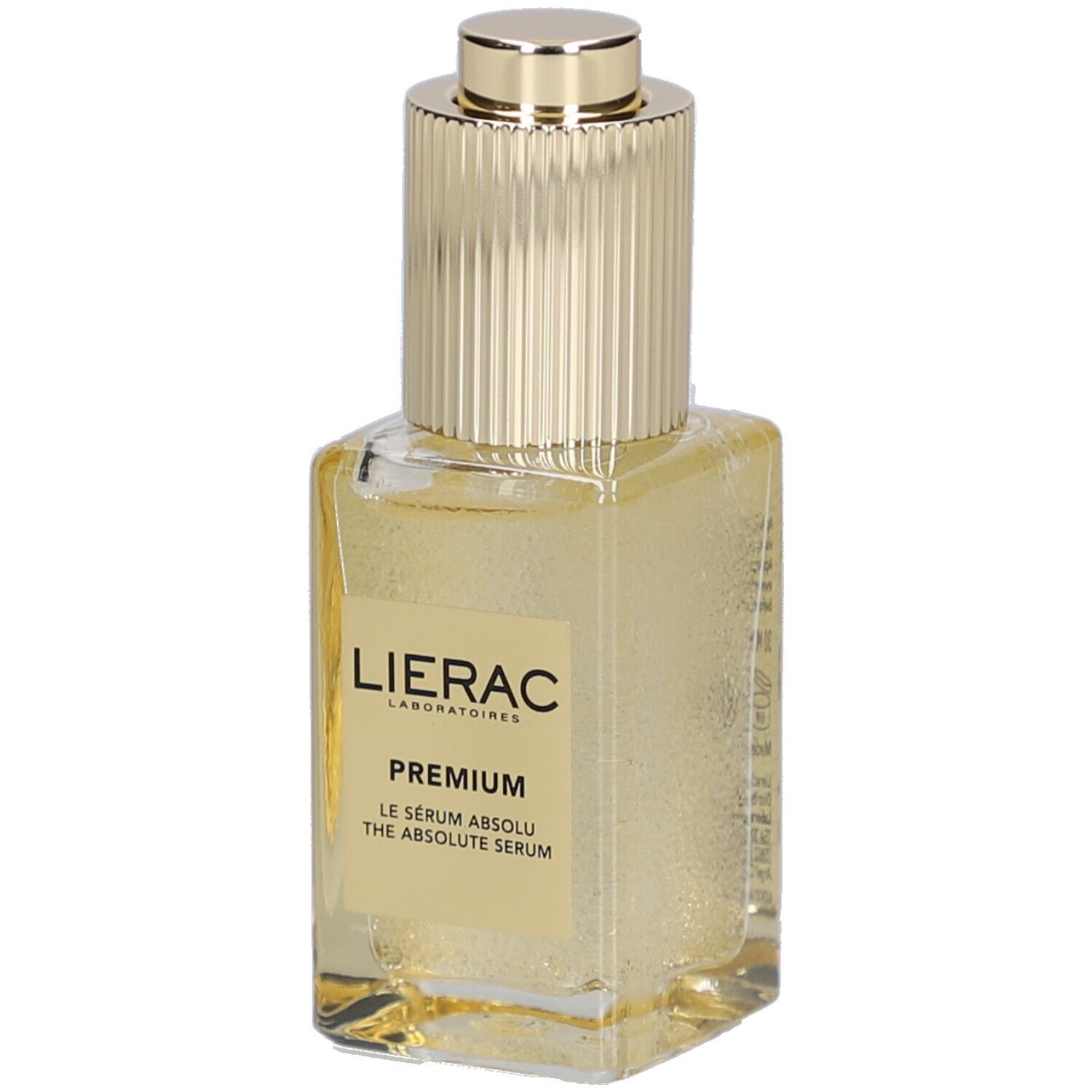 Gouden serumfles met gouden dop. Opschrift: LIERAC, PREMIUM, THE ABSOLUTE SERUM.