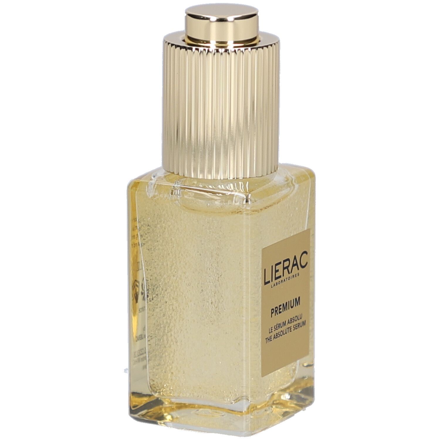 Gouden serumfles met gouden dop. Opschrift: LIERAC, PREMIUM, THE ABSOLUTE SERUM.