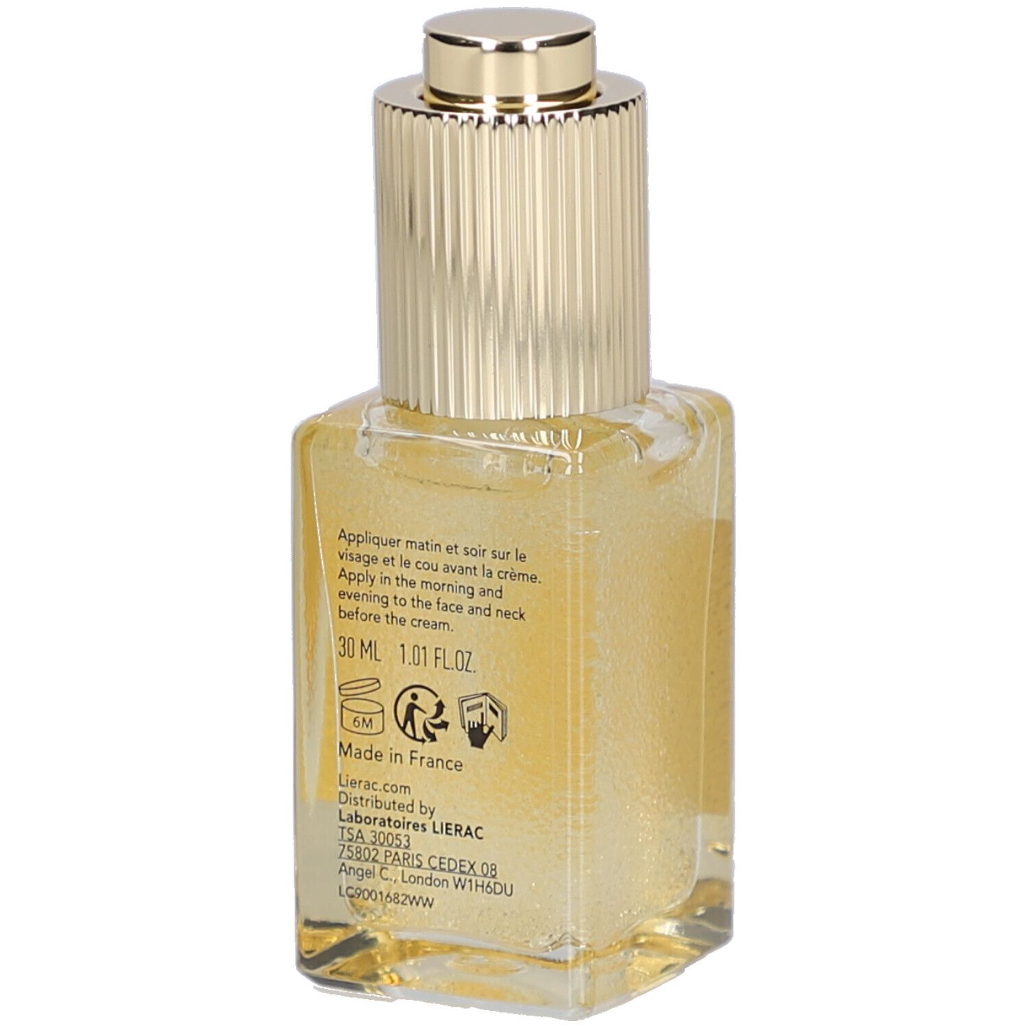 Achterkant van de serumfles. Tekst: 30 ml, Made in France. Gebruiks- en fabrikantinformatie.