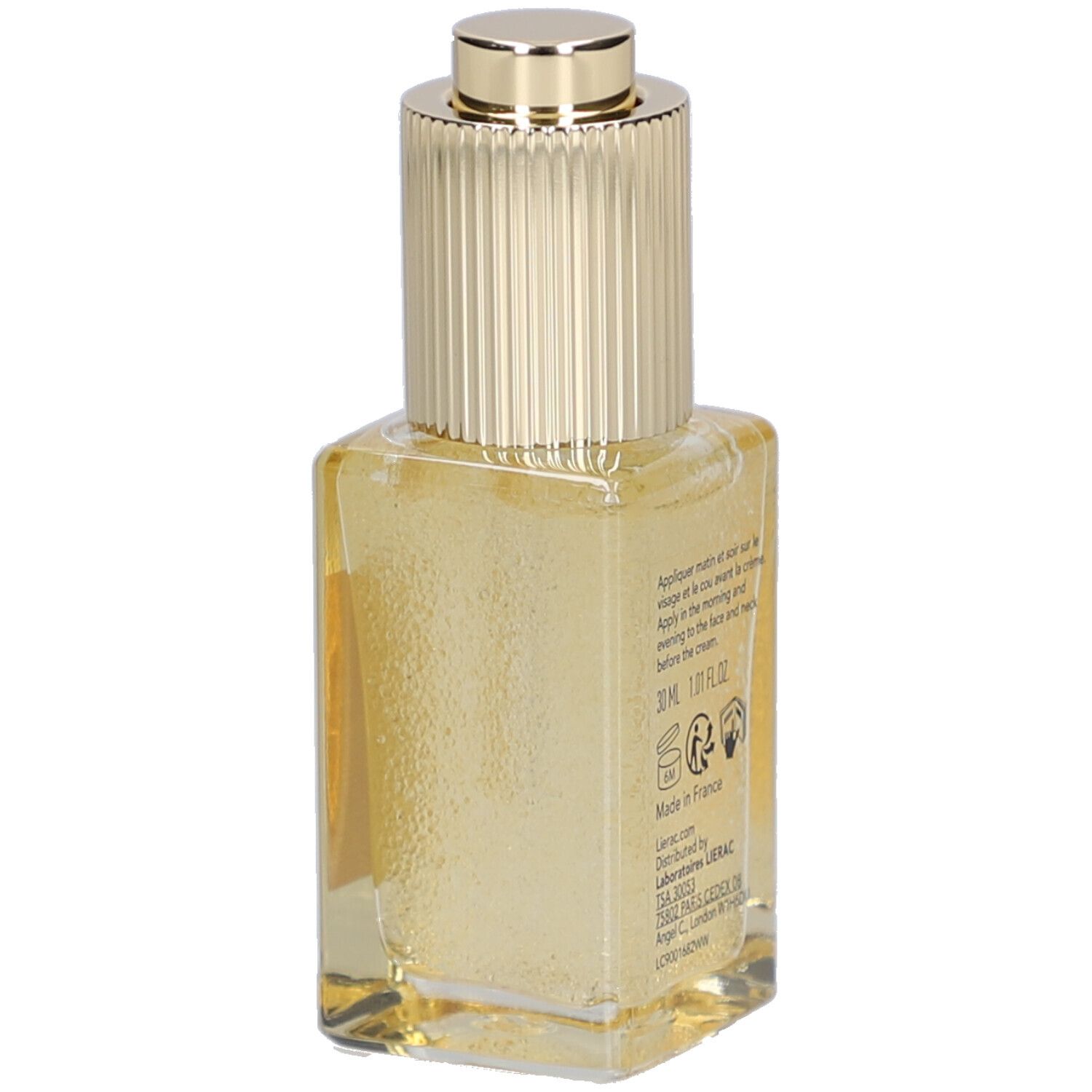 Achterkant van de serumfles. Tekst: 30 ml, Made in France. Gebruiks- en fabrikantinformatie.