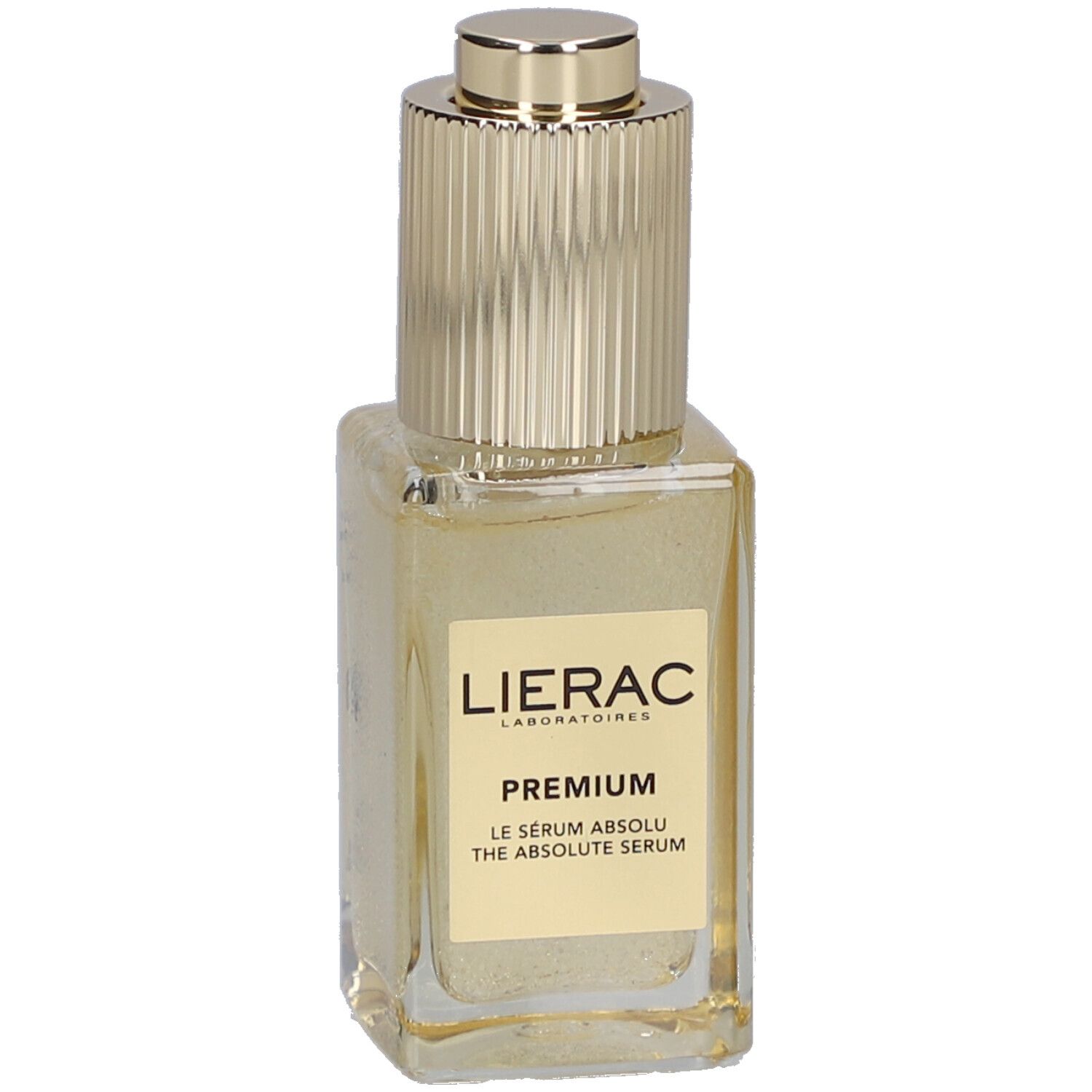 Gouden serumfles met gouden dop. Opschrift: LIERAC, PREMIUM, THE ABSOLUTE SERUM.