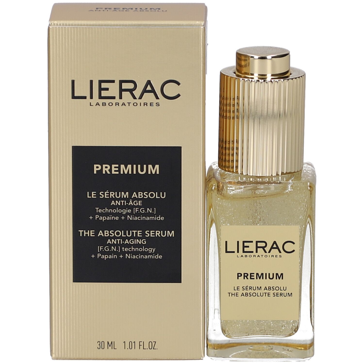 Productverpakking met serumfles. Opschrift: LIERAC, PREMIUM, THE ABSOLUTE SERUM, 30 ml.