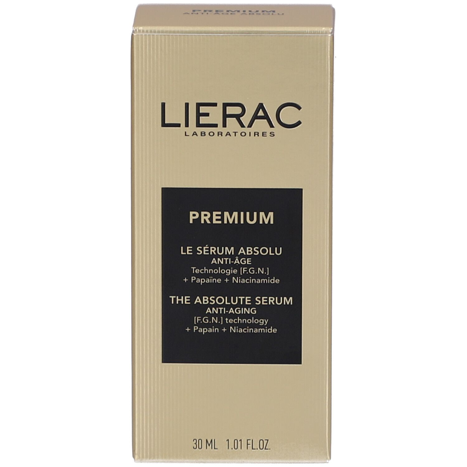Productverpakking. Opschrift: LIERAC, PREMIUM, THE ABSOLUTE SERUM, 30 ml.