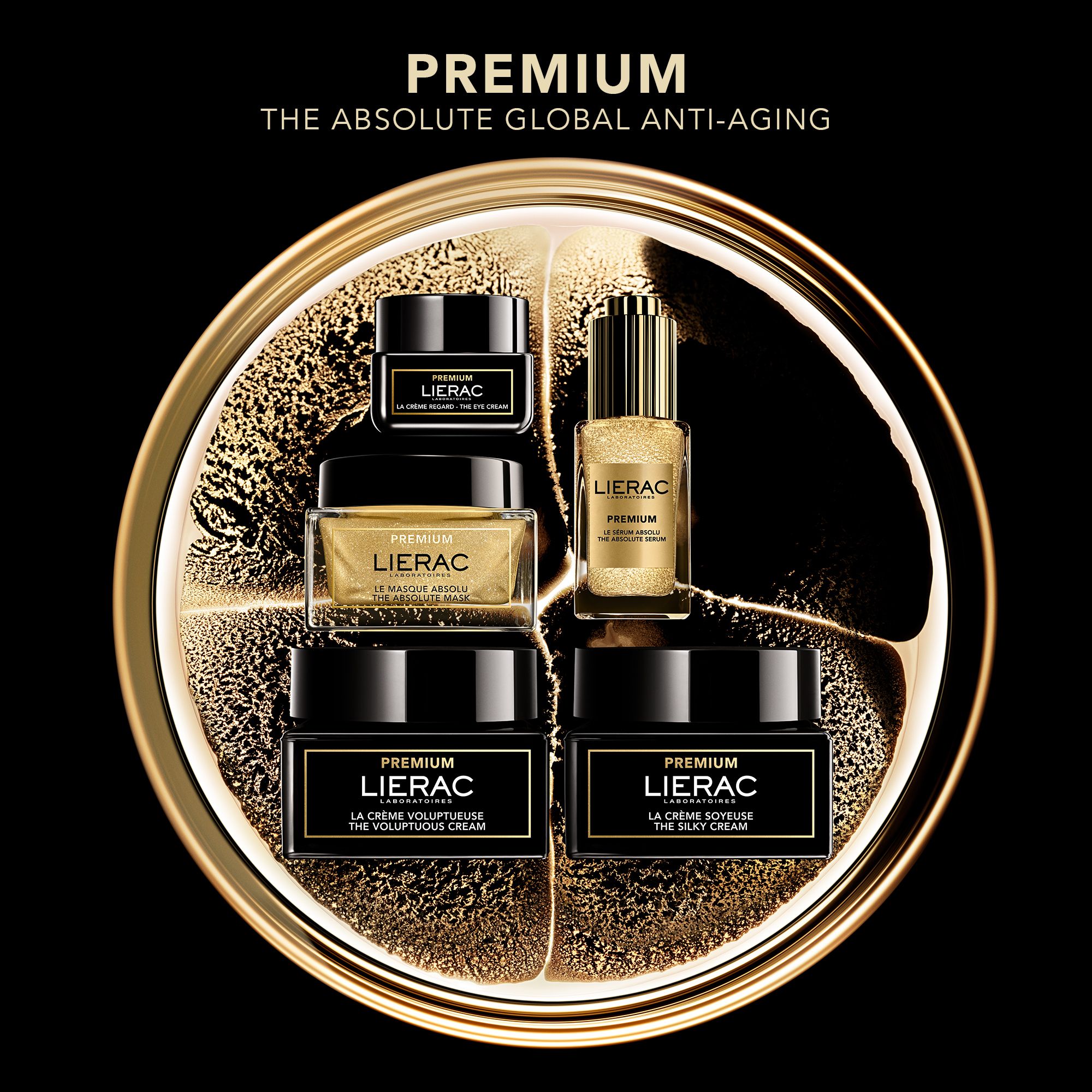 Verschillende producten op gouden achtergrond. Tekst: PREMIUM, THE ABSOLUTE GLOBAL ANTI-AGING.