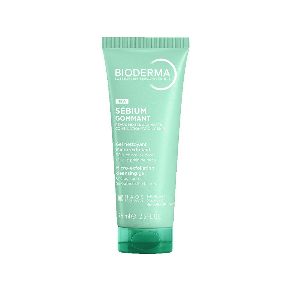 Turquoise tube met witte tekst. Opschrift: Bioderma, Sébium Gommant, Gel nettoyant micro-exfoliant. 75 ml.
