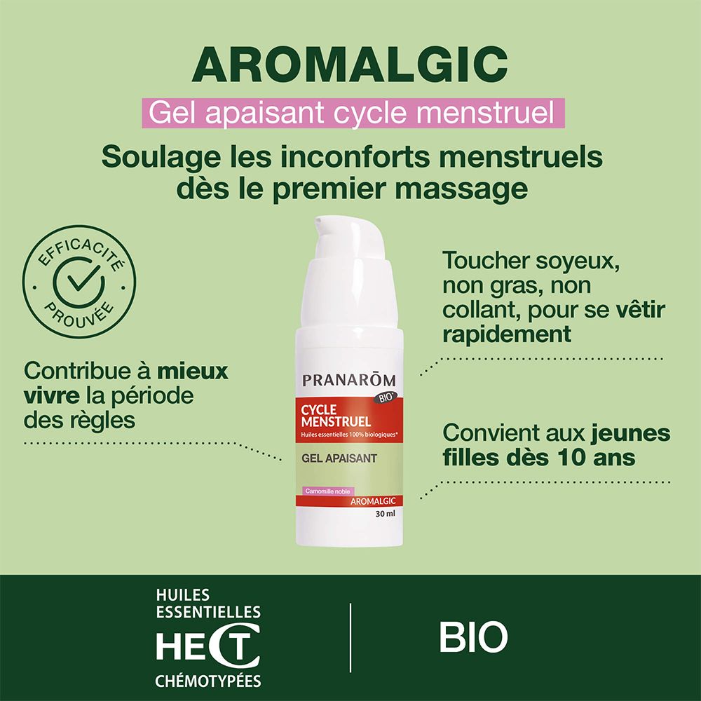 Pranarôm Aromalgic Gel. Witte pompflacon. Opschrift: Cycle Menstruel, Gel Apaisant. Bio-certificering.