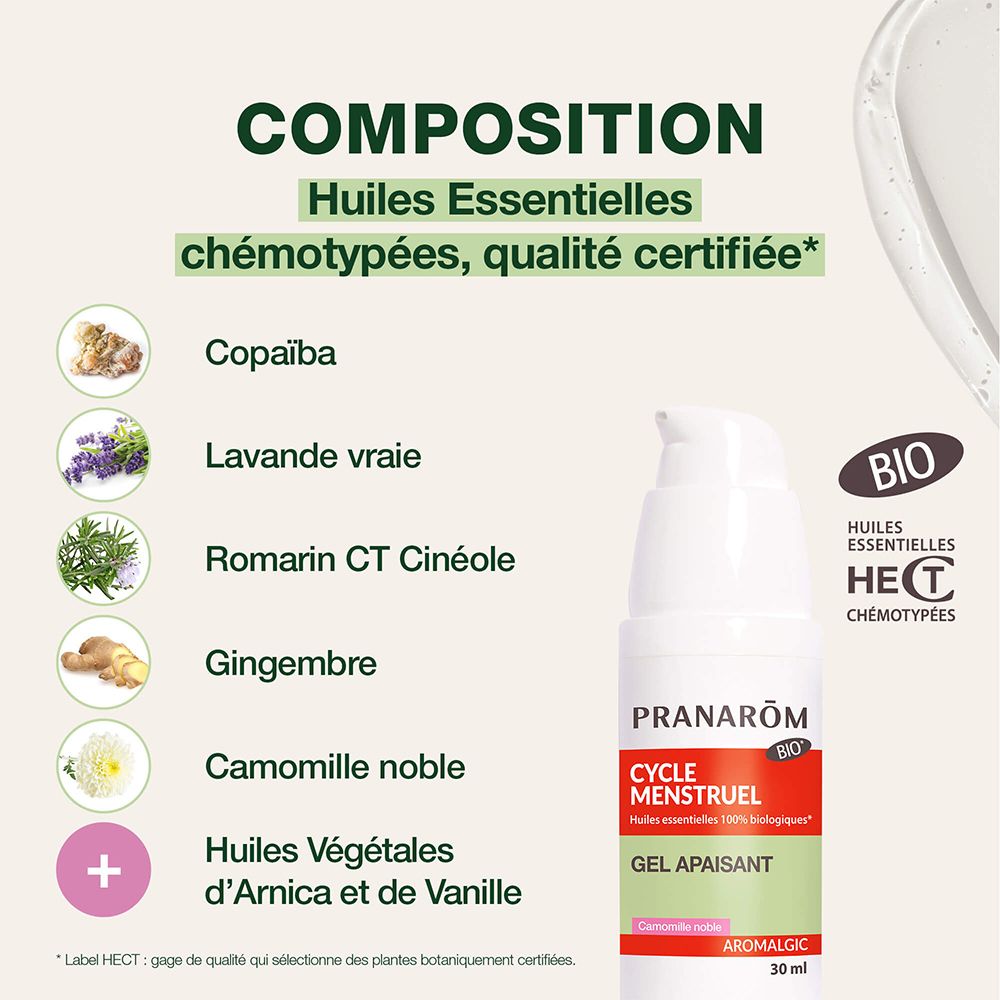 Pranarôm Aromalgic Gel. Witte pompflacon. Ingrediënten: Copaiba, Lavendel, Rozemarijn, Gember, Kamille.