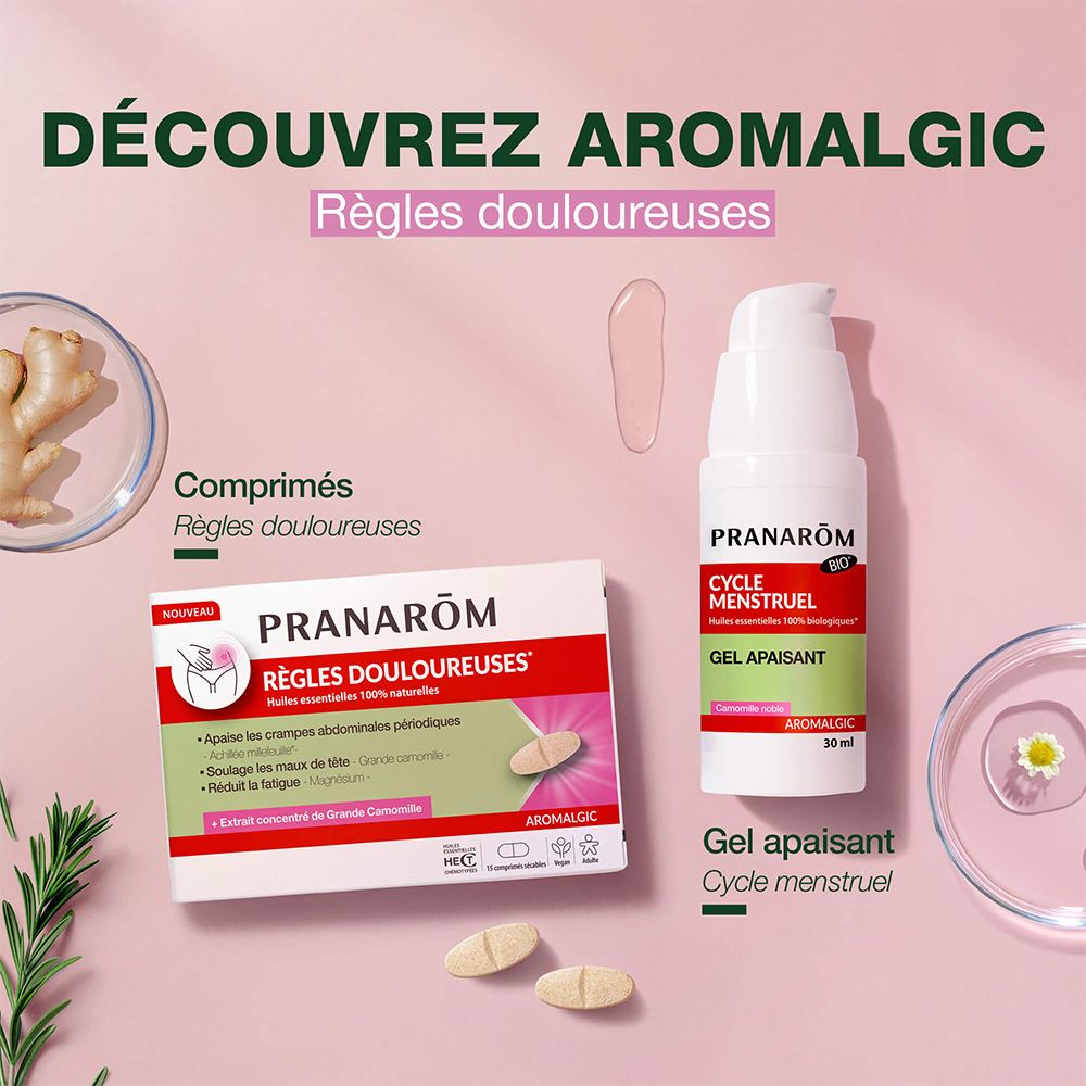 Pranarôm Aromalgic. Productafbeelding met tabletten en gel. Opschrift: Règles douloureuses (menstruatiepijn).