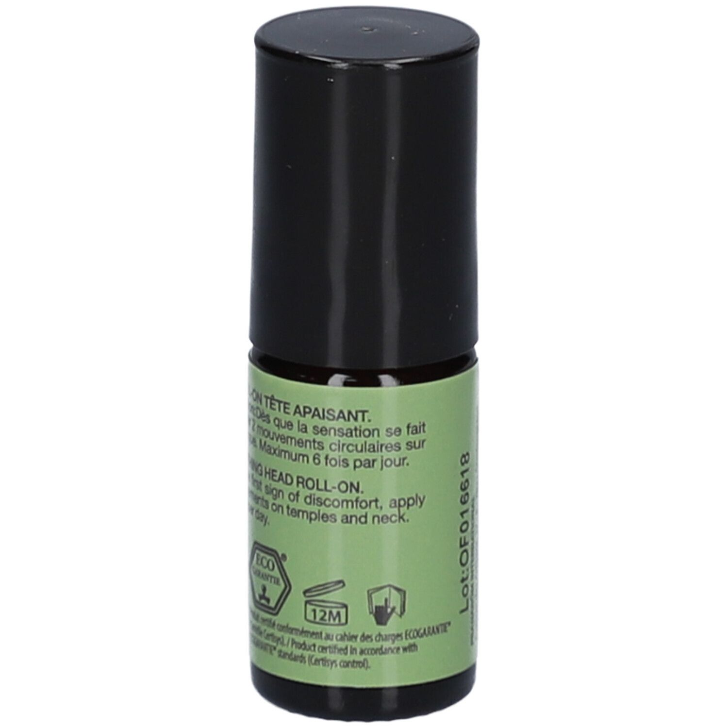 Cilindrische fles met zwarte dop. Groen etiket met tekst en symbolen. Tekst: Head Roll-on. Eco Garantie logo.