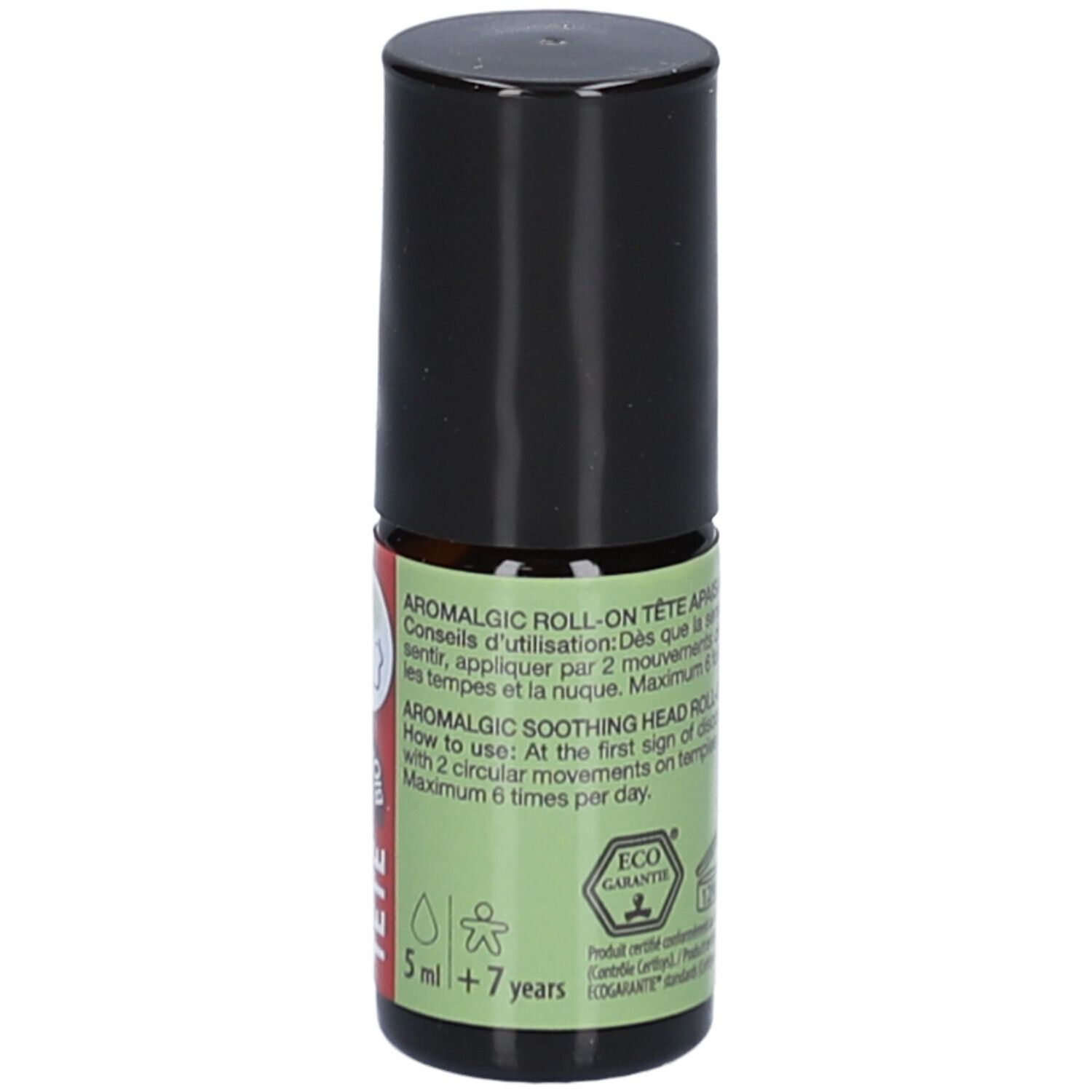 Kleine fles met zwarte dop. Groen etiket met tekst en symbolen. Tekst: Aromalgic Roll-on. Eco Garantie logo.