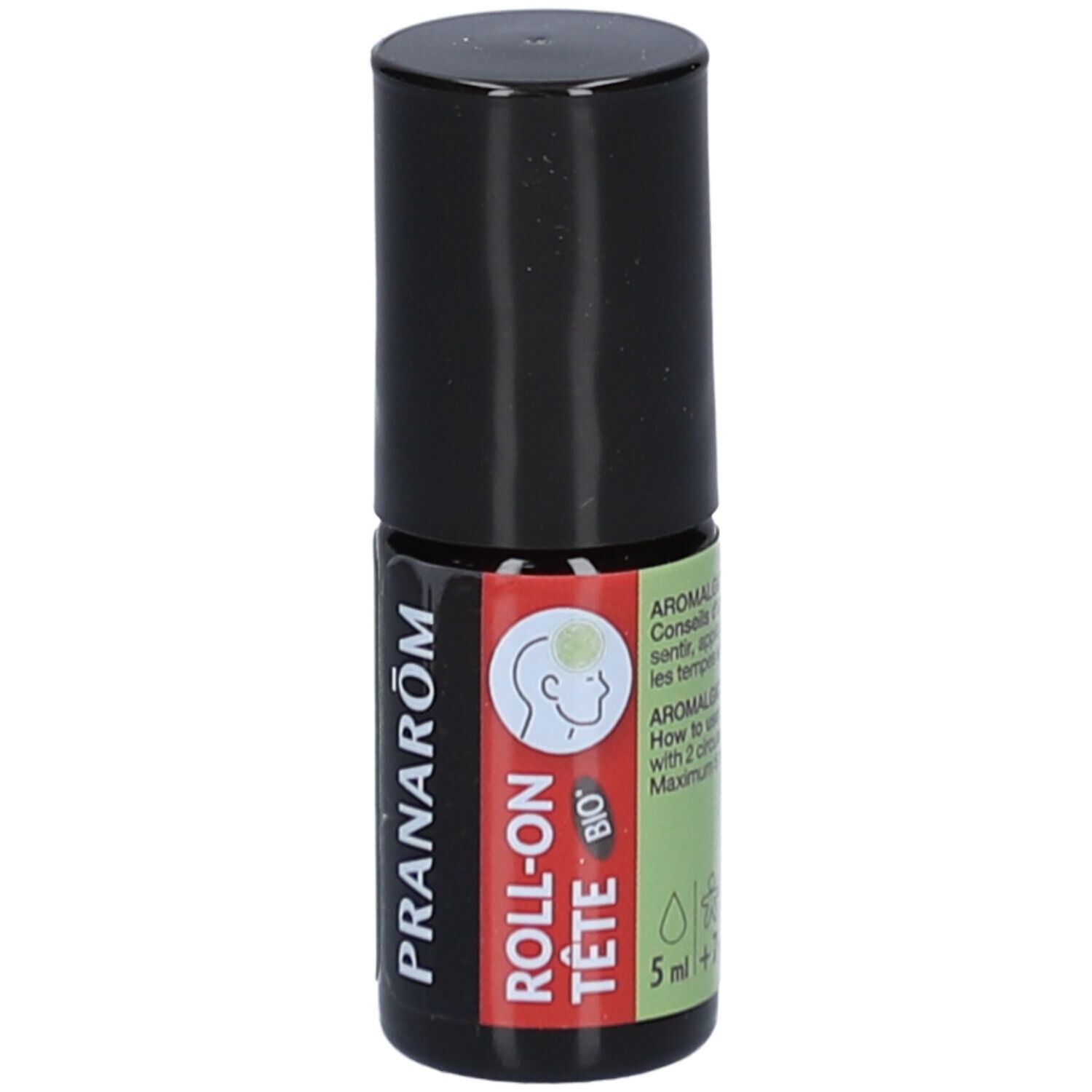 Kleine fles met zwarte dop. Rood etiket met tekst en logo. Tekst: Roll-on Tête Bio. Pranarôm logo.
