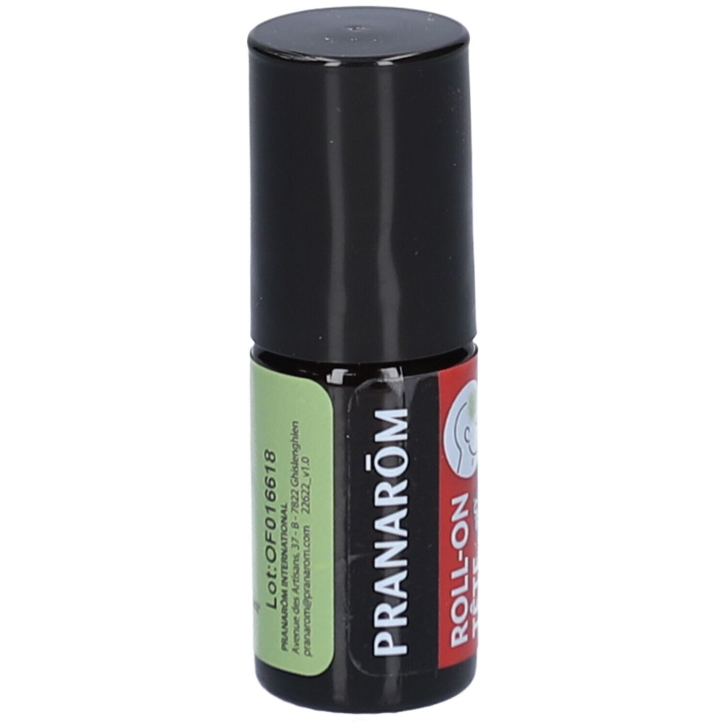 Kleine fles met zwarte dop. Etiket met tekst en logo. Tekst: Pranarôm. Roll-on Tête.