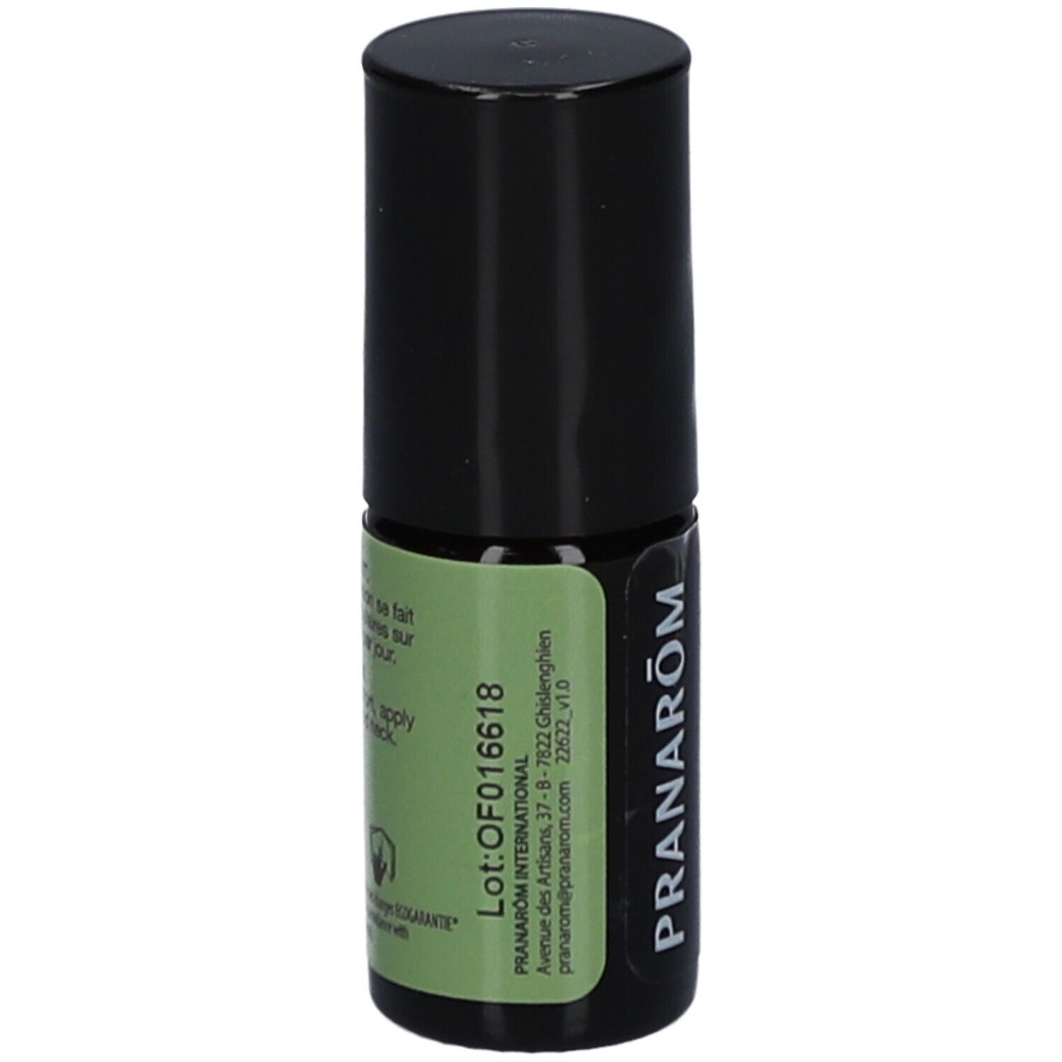 Kleine fles met zwarte dop. Etiket met tekst en logo. Tekst: Pranarôm. Roll-on Tête.