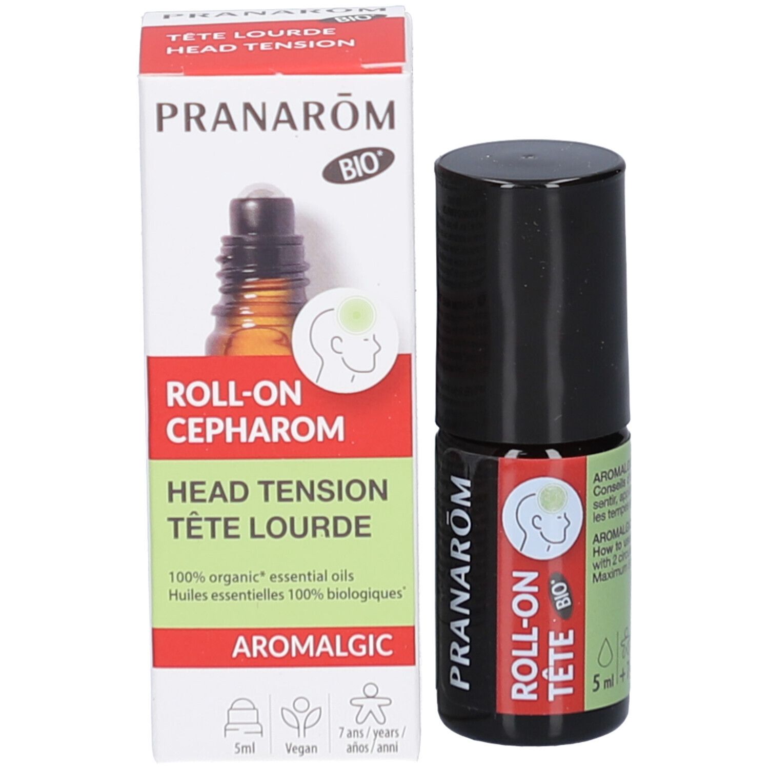 Verpakking en fles. Witte verpakking met tekst en logo. Bruine fles met zwarte dop.