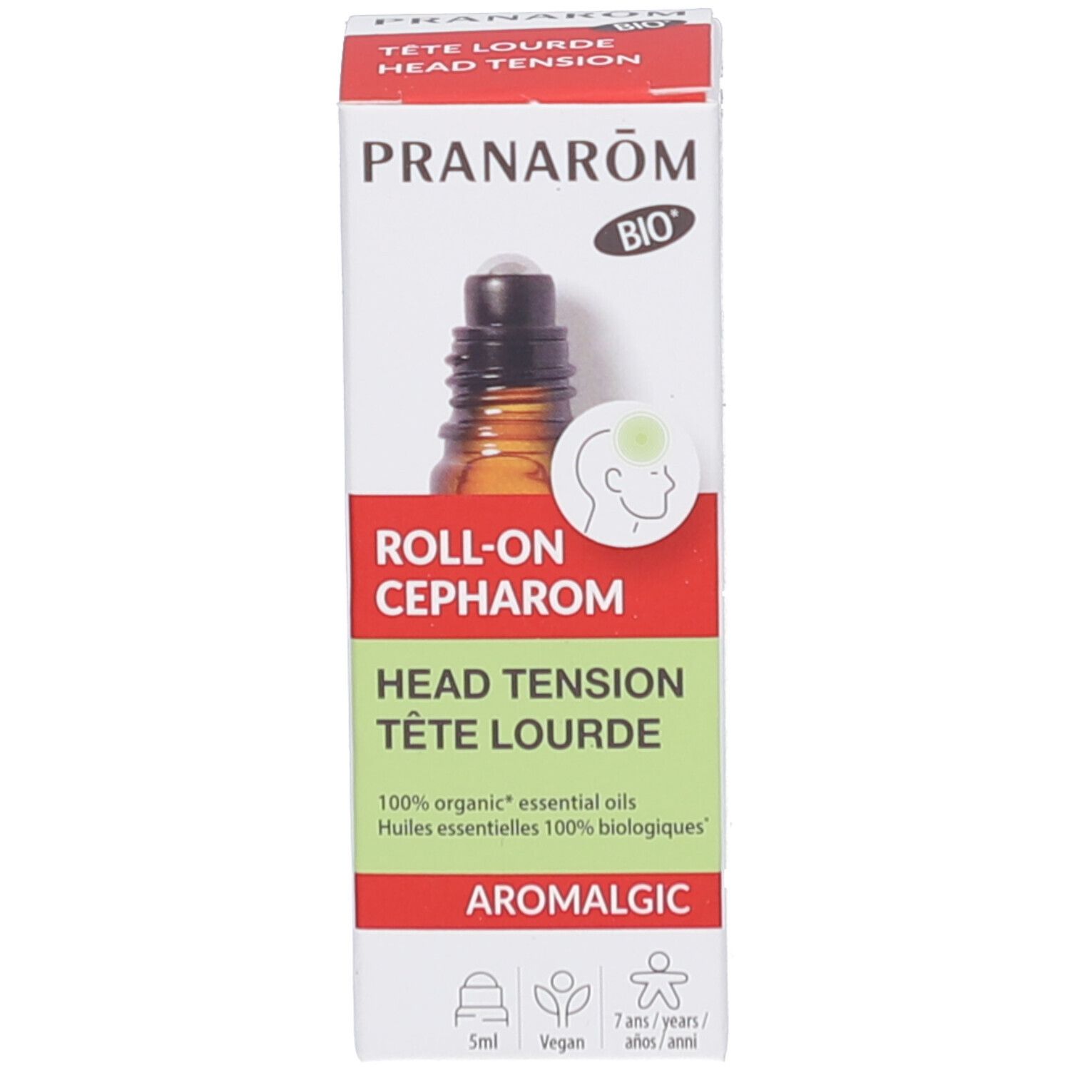 Verpakking en fles. Witte verpakking met tekst en logo. Bruine fles met zwarte dop.