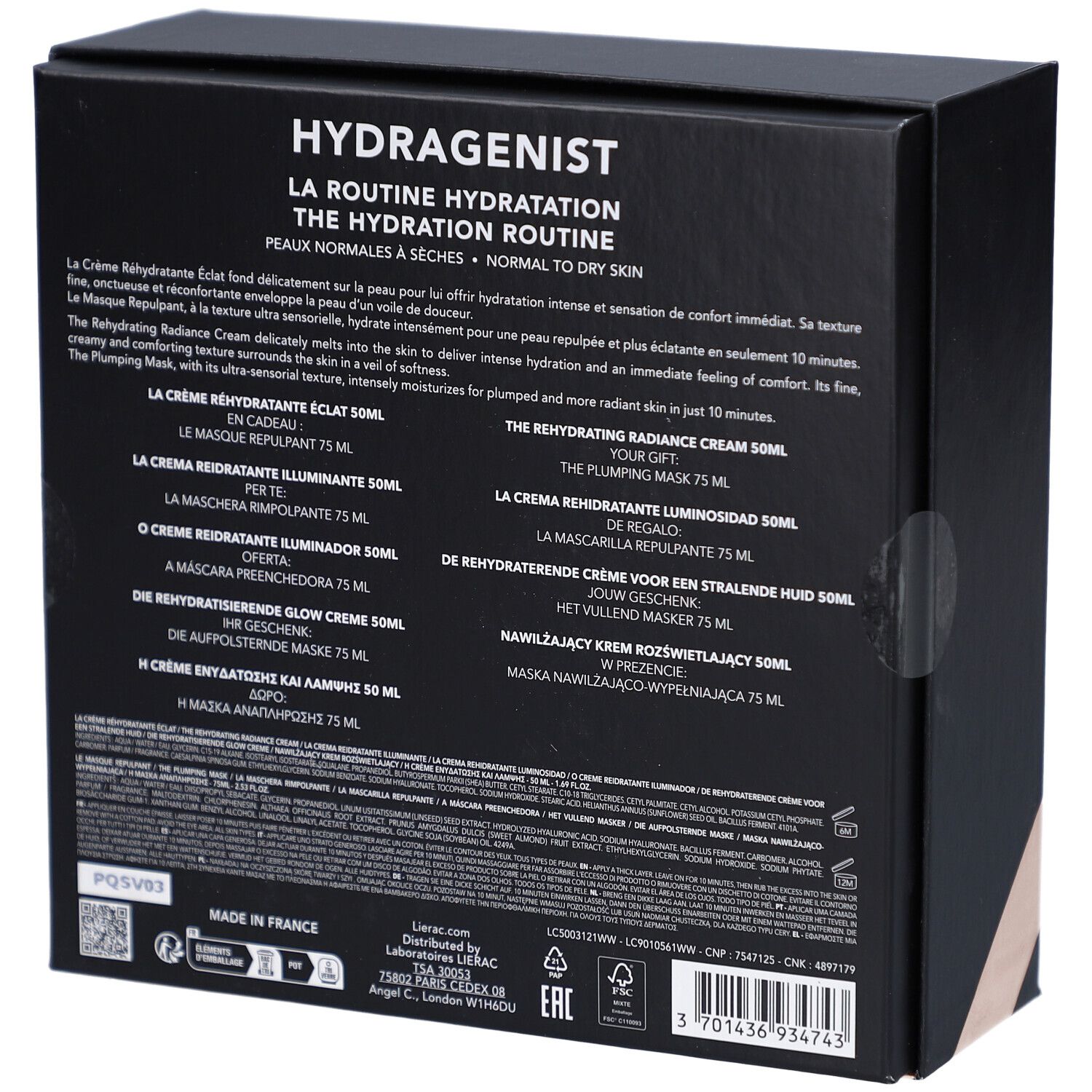 Dos d'un coffret cadeau noir. Texte multilingue. Contient des informations sur les produits.