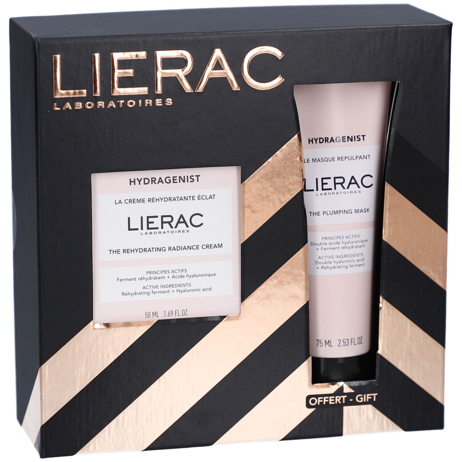 Coffret cadeau avec crème et masque. Boîte noire avec fenêtre. Accents dorés. "OFFERT - GIFT".