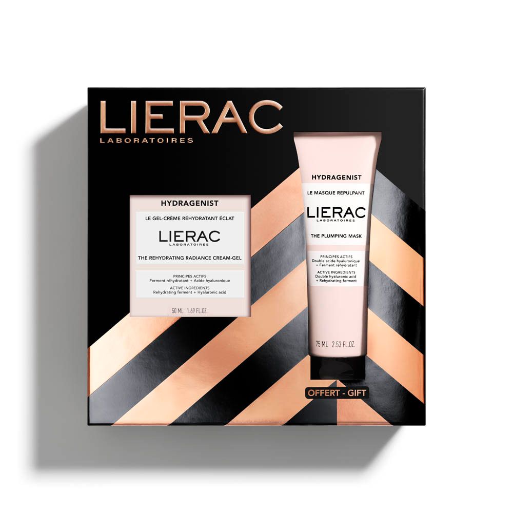 Lierac cadeau set met gelcrème, masker en ander product. Zwarte doos met gouden accenten.